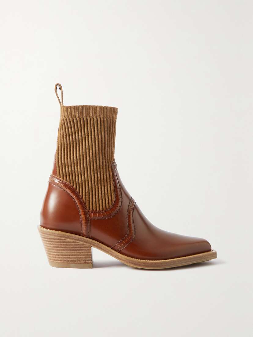 Chloé Nellie Leather And Ribbed Cashmere-blend Ankle Boots
