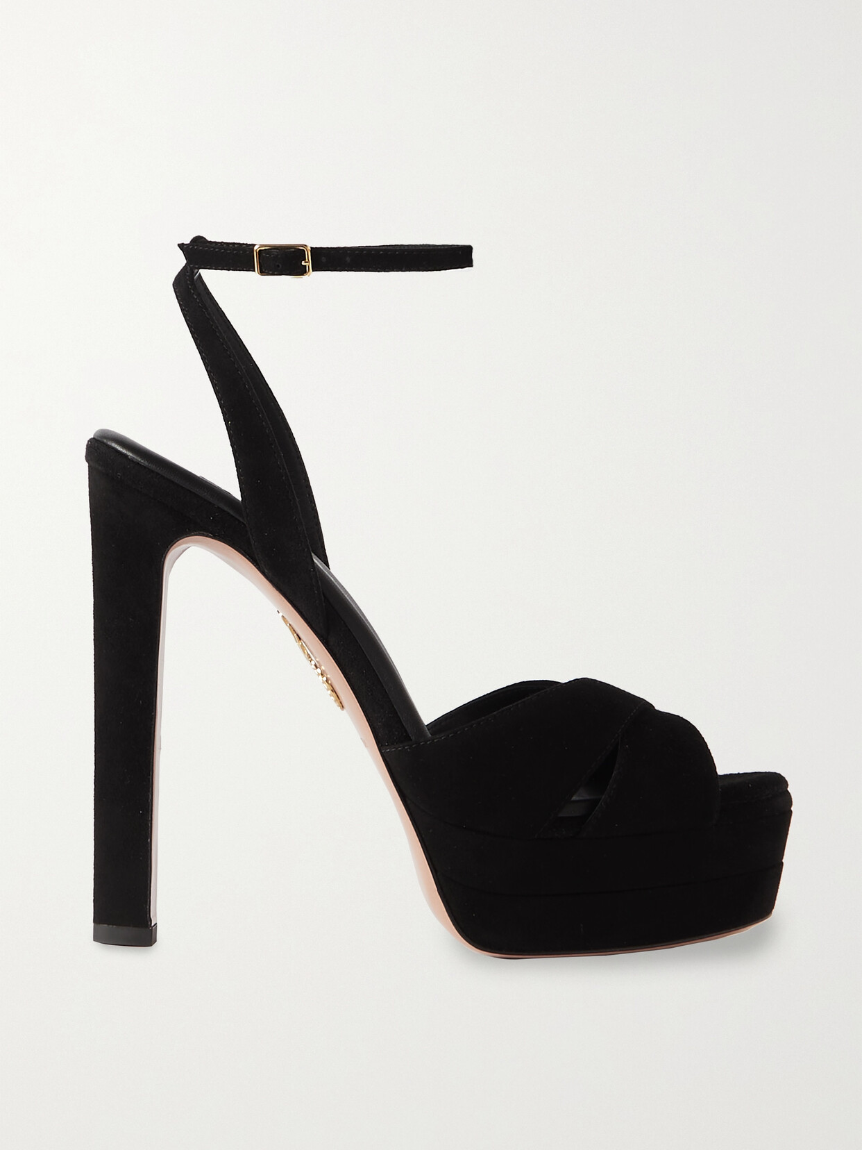 Aquazzura Be Mine Plateau 130 Crystal-embellished Grosgrain-trimmed Pleated Chiffon Platform Sandals In Black
