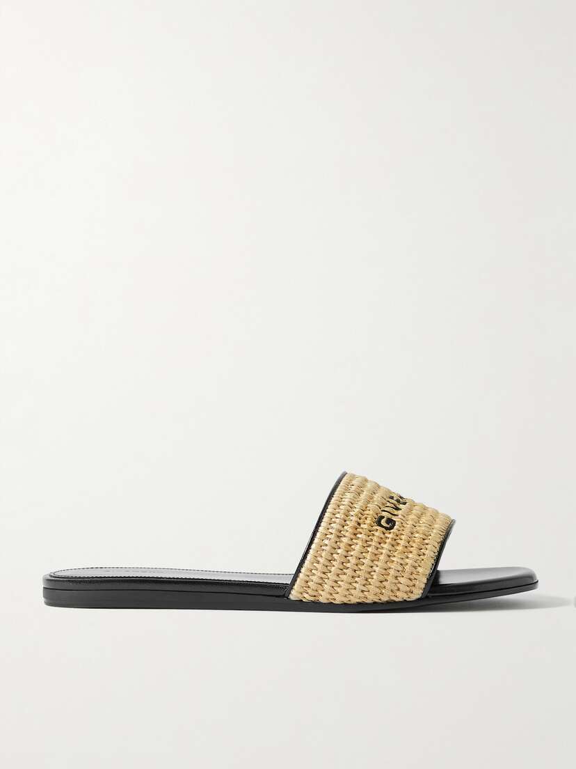 Givenchy 4g Leather-trimmed Embroidered Raffia Slides