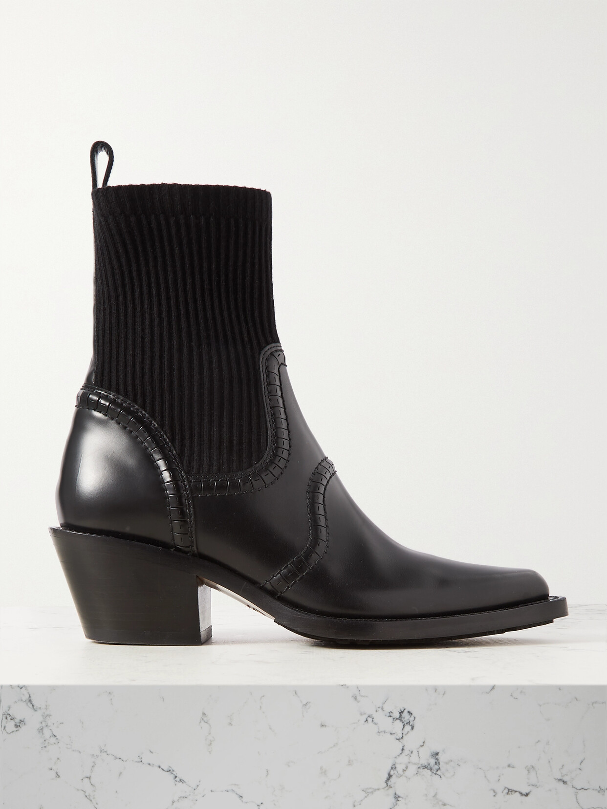 Shop Chloé Nellie Leather And Ribbed Cashmere-blend Ankle Boots In Black