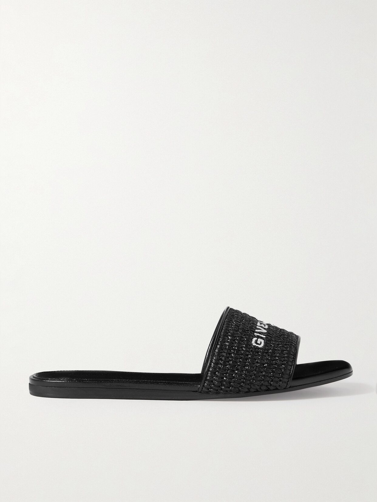 Shop Givenchy 4g Leather-trimmed Embroidered Raffia Slides In Black