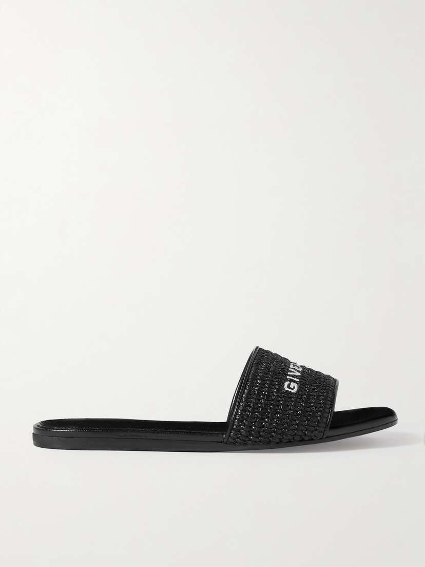 Givenchy 4g Leather-trimmed Embroidered Raffia Slides
