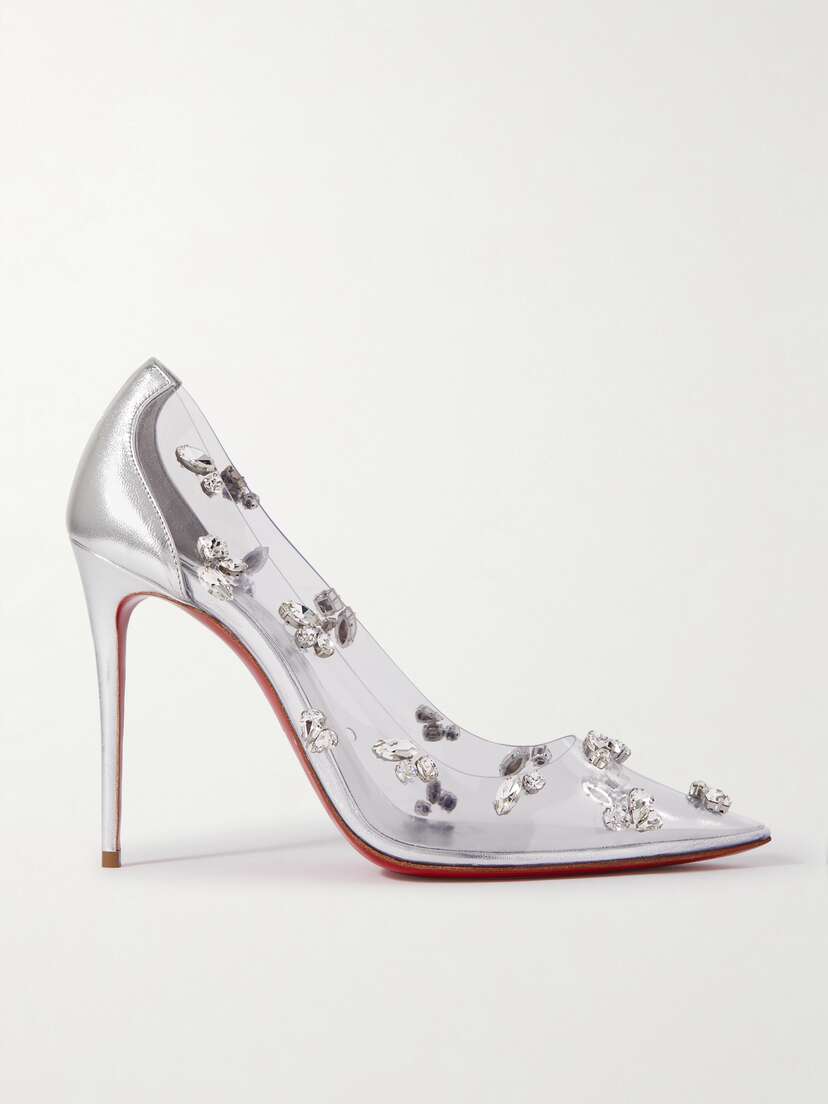 Christian Louboutin Degraqueen 100 Metallic Leather And Crystal-embellished Pvc Pumps