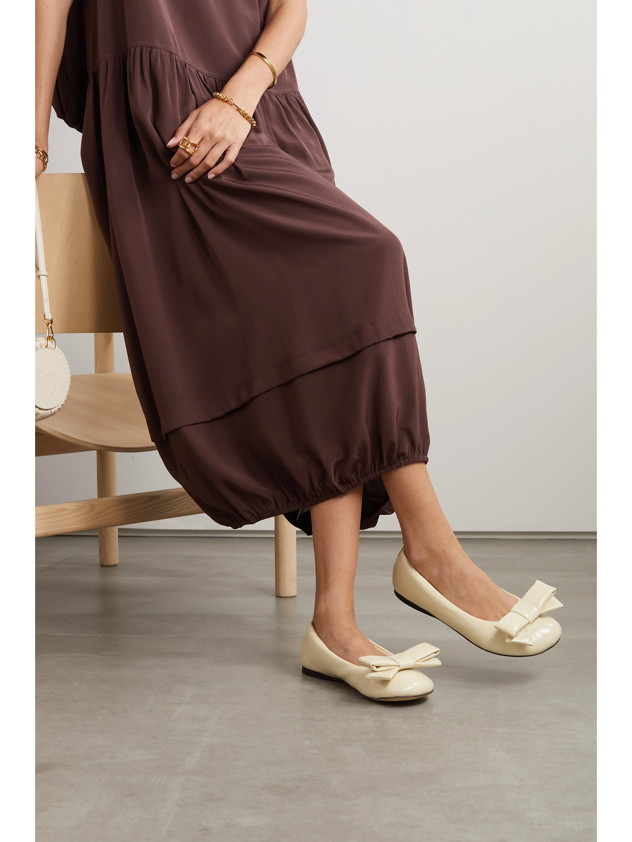 Loewe Puffy Bow-detailed Padded Glossed-leather Ballet Flats In Neutrals