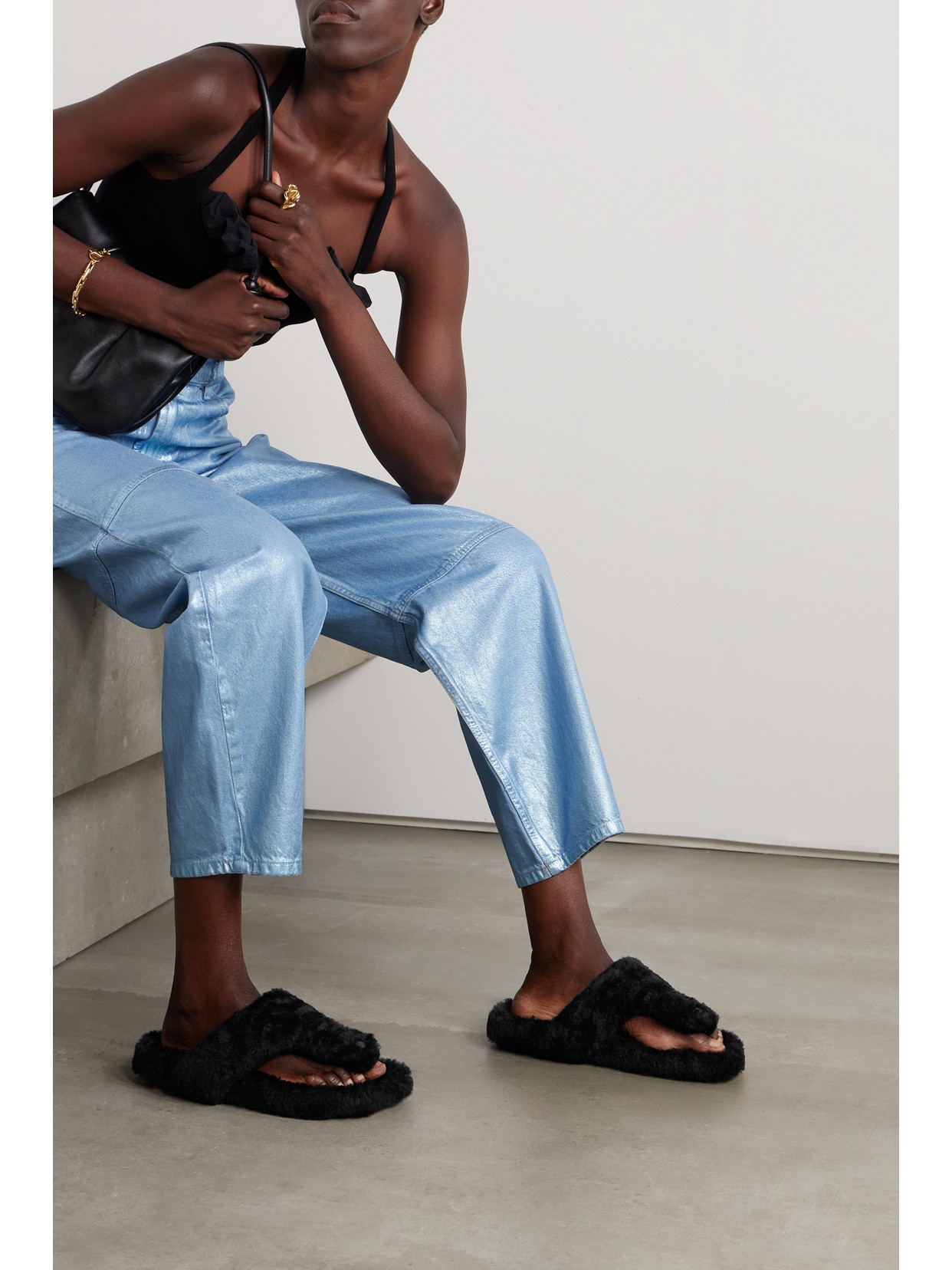 Loewe Ease Toe Post Sandal In Shearling In Black