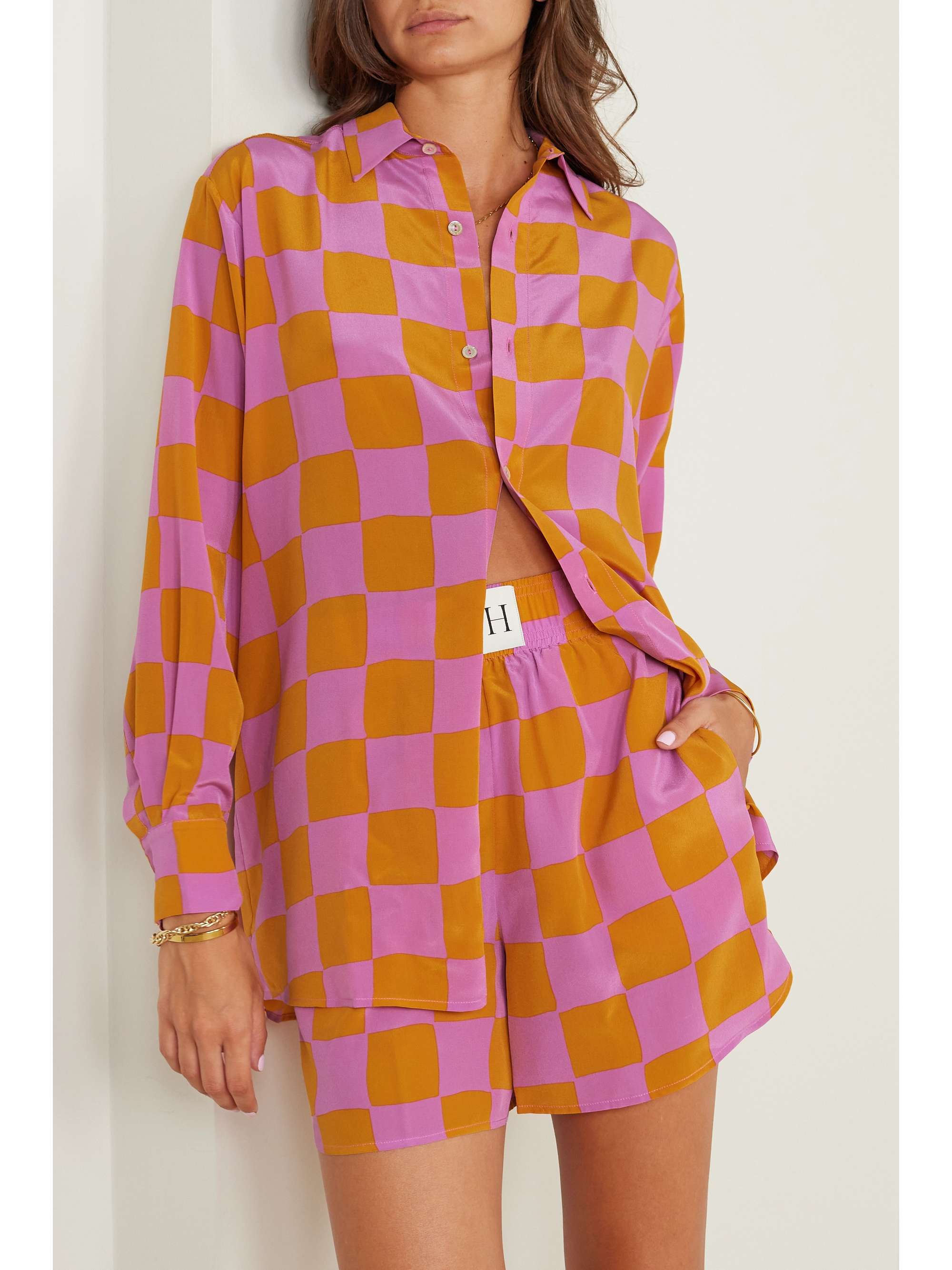 OLIVIA VON HALLE Kick checked silk-satin pajama set | NET-A-PORTER