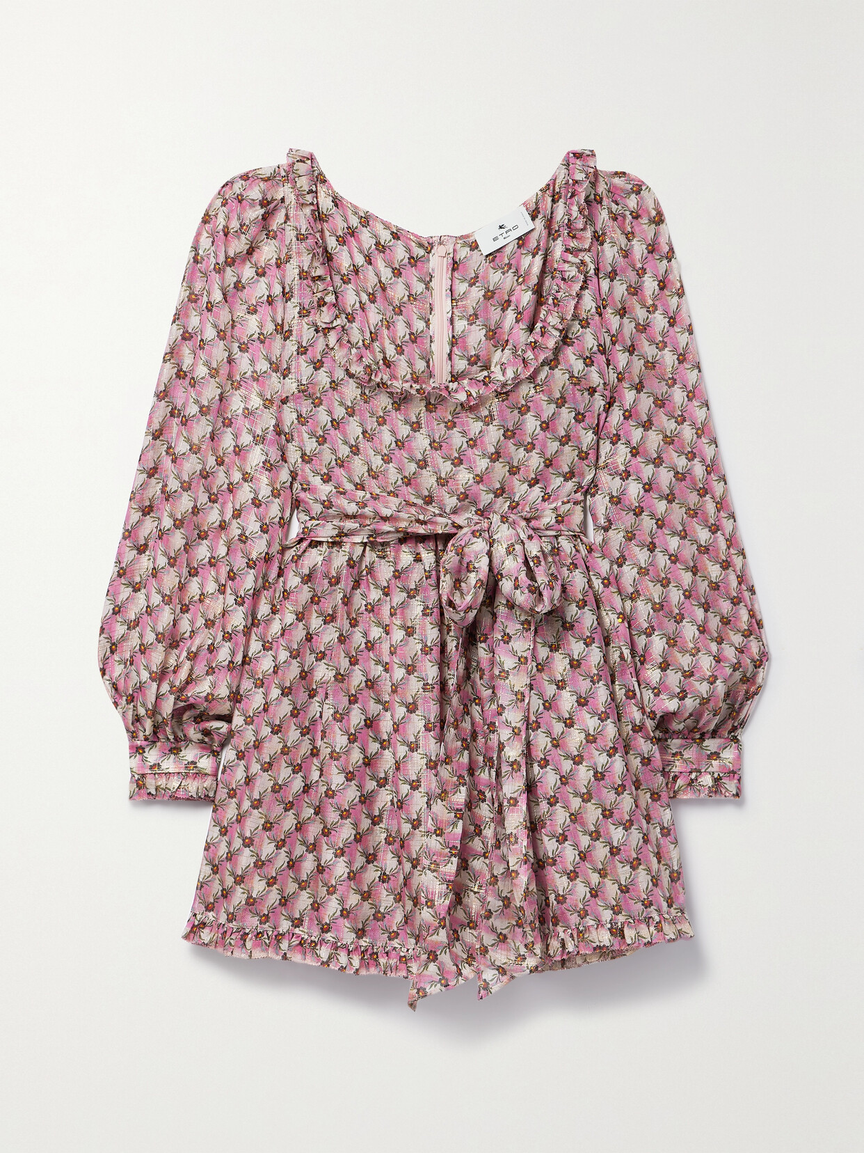 Etro Belted Ruffled Floral-print Metallic Silk Crepe De Chine Mini Dress - Pink