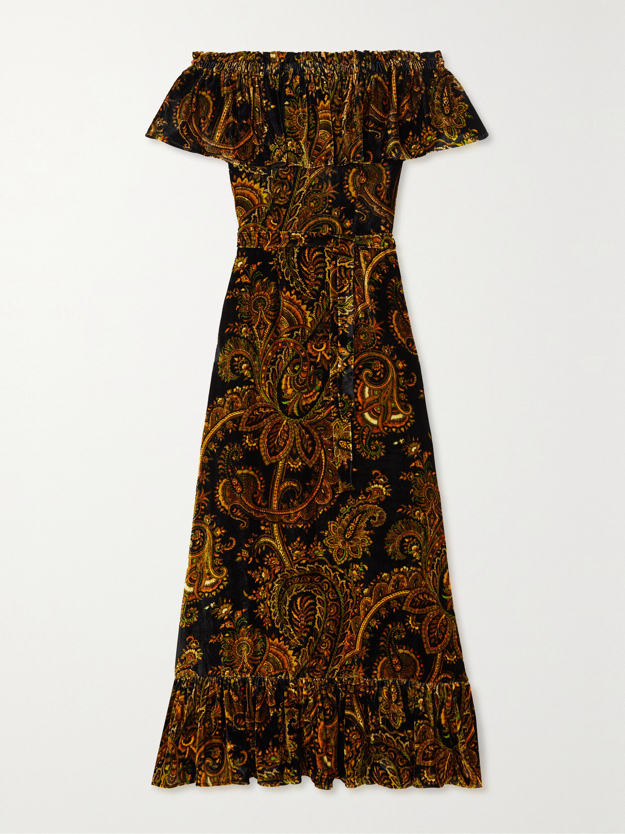 Etro - Off-the-shoulder Belted Paisley-print Velvet Maxi Dress - Black