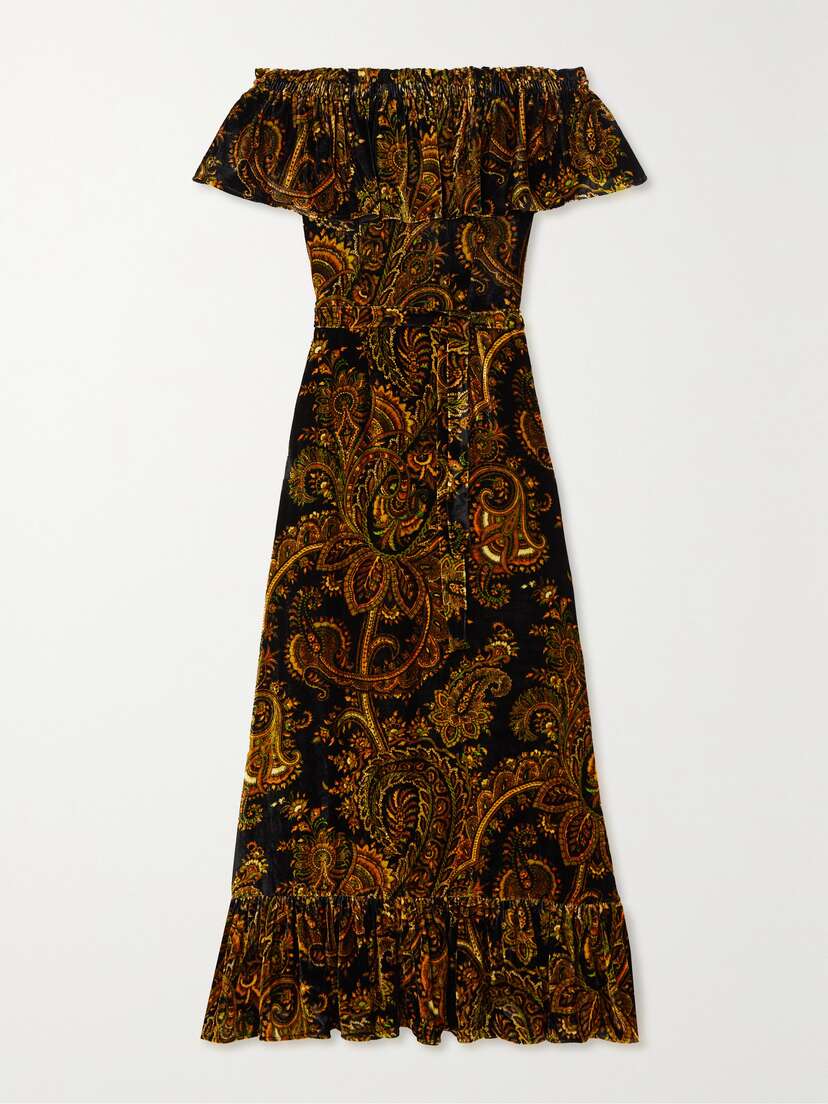Etro Off-the-shoulder Belted Paisley-print Velvet Maxi Dress