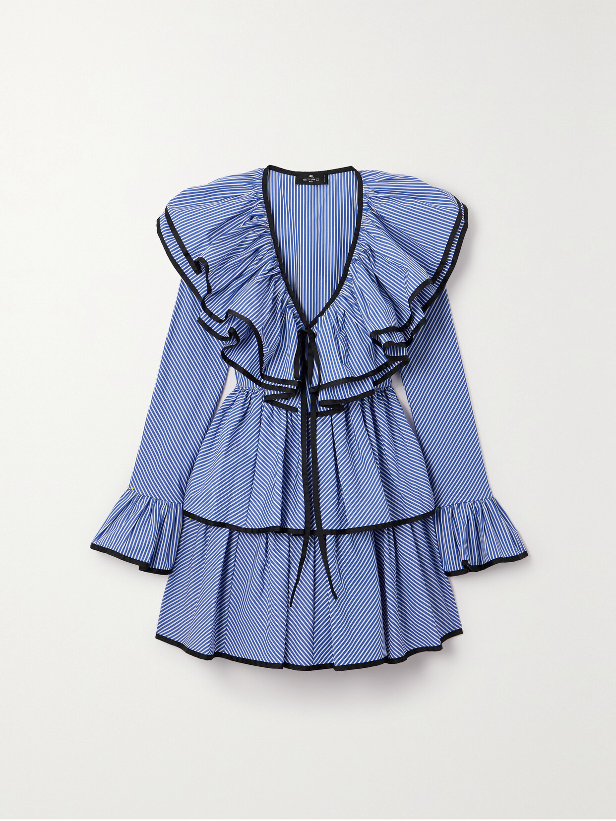 Etro - Ruffled Gabardine-trimmed Striped Cotton-poplin Mini Dress - Blue