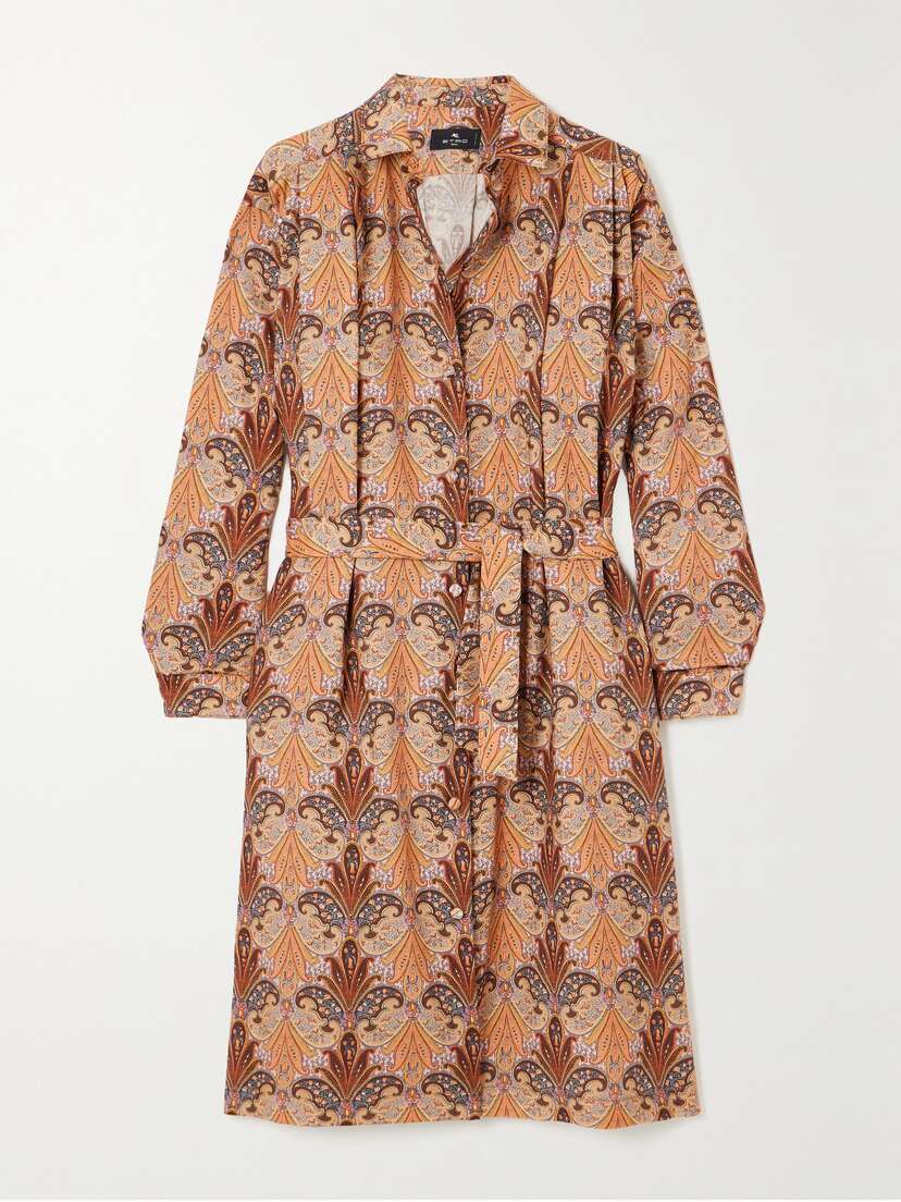 Etro Belted Printed Wool And Silk-blend Twill Midi Shirt Dress