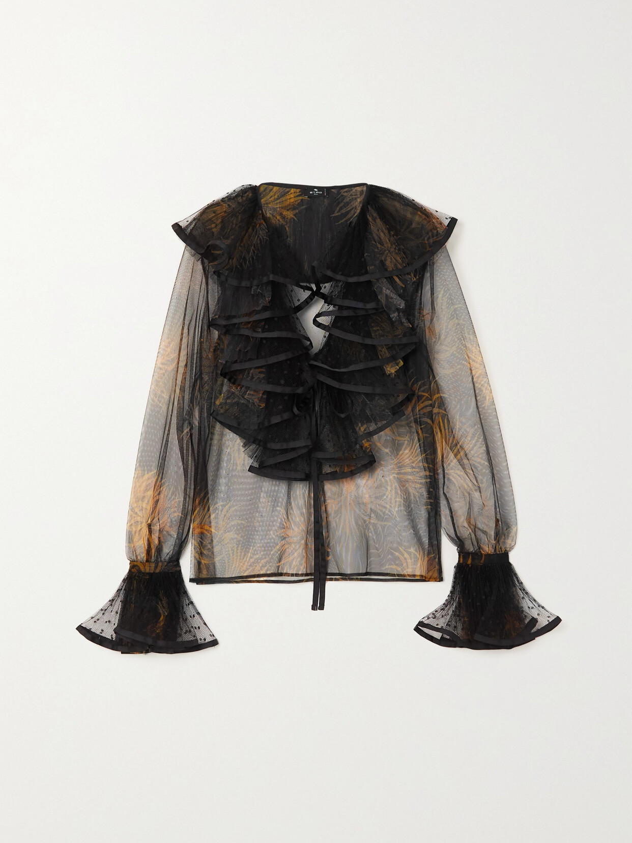 Etro Ruffled Satin-trimmed Swiss-dot And Printed Tulle Blouse In Black