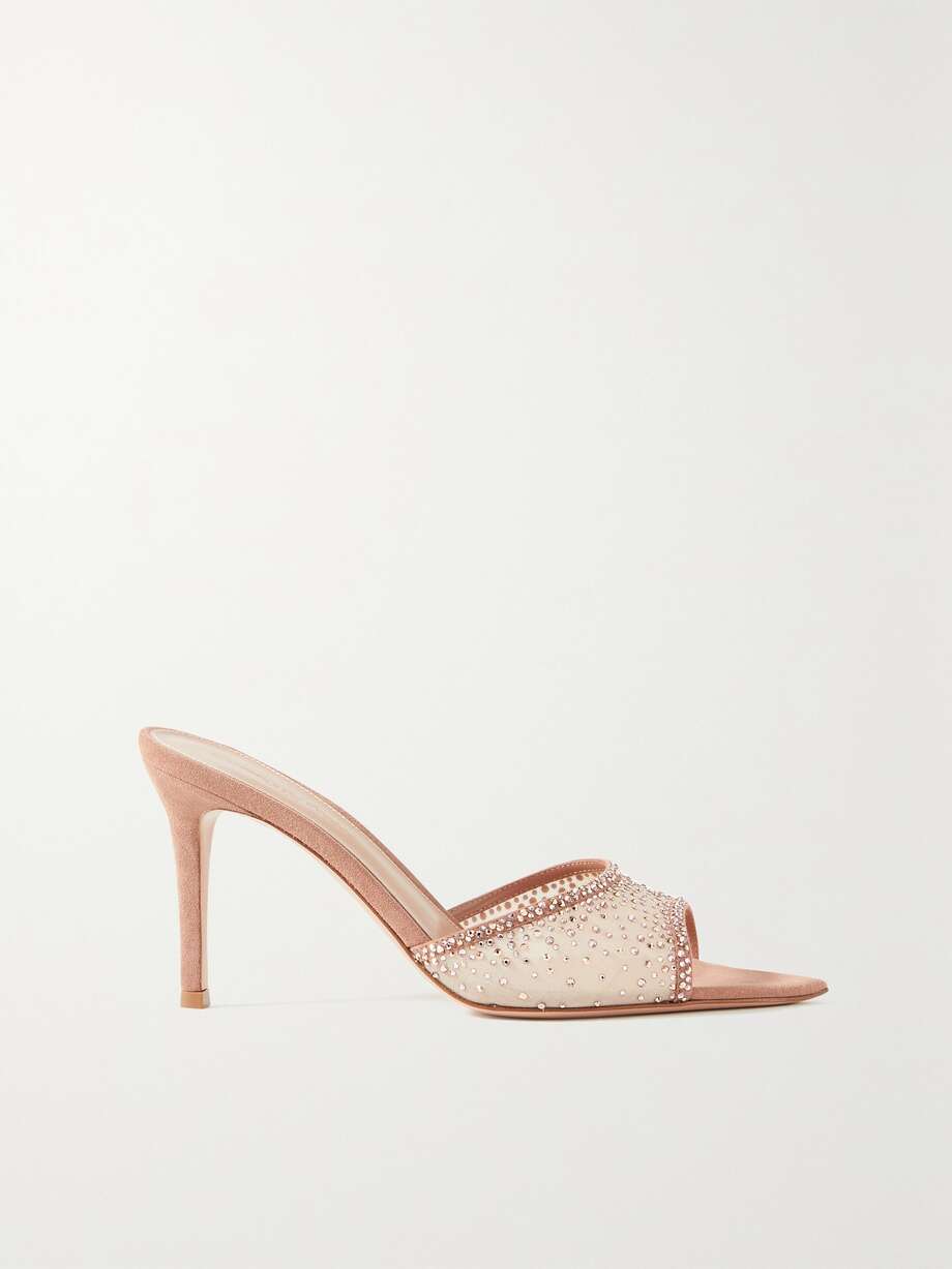 net-a-porter.com | Rania 85 Crystal-Embellished Suede-Trimmed Organza Mules