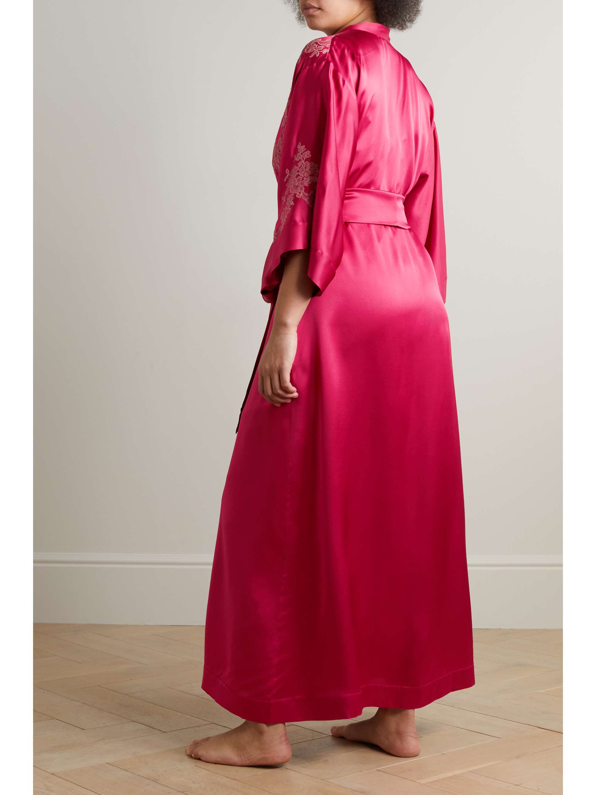 CARINE GILSON Belted lace-trimmed silk-charmeuse robe