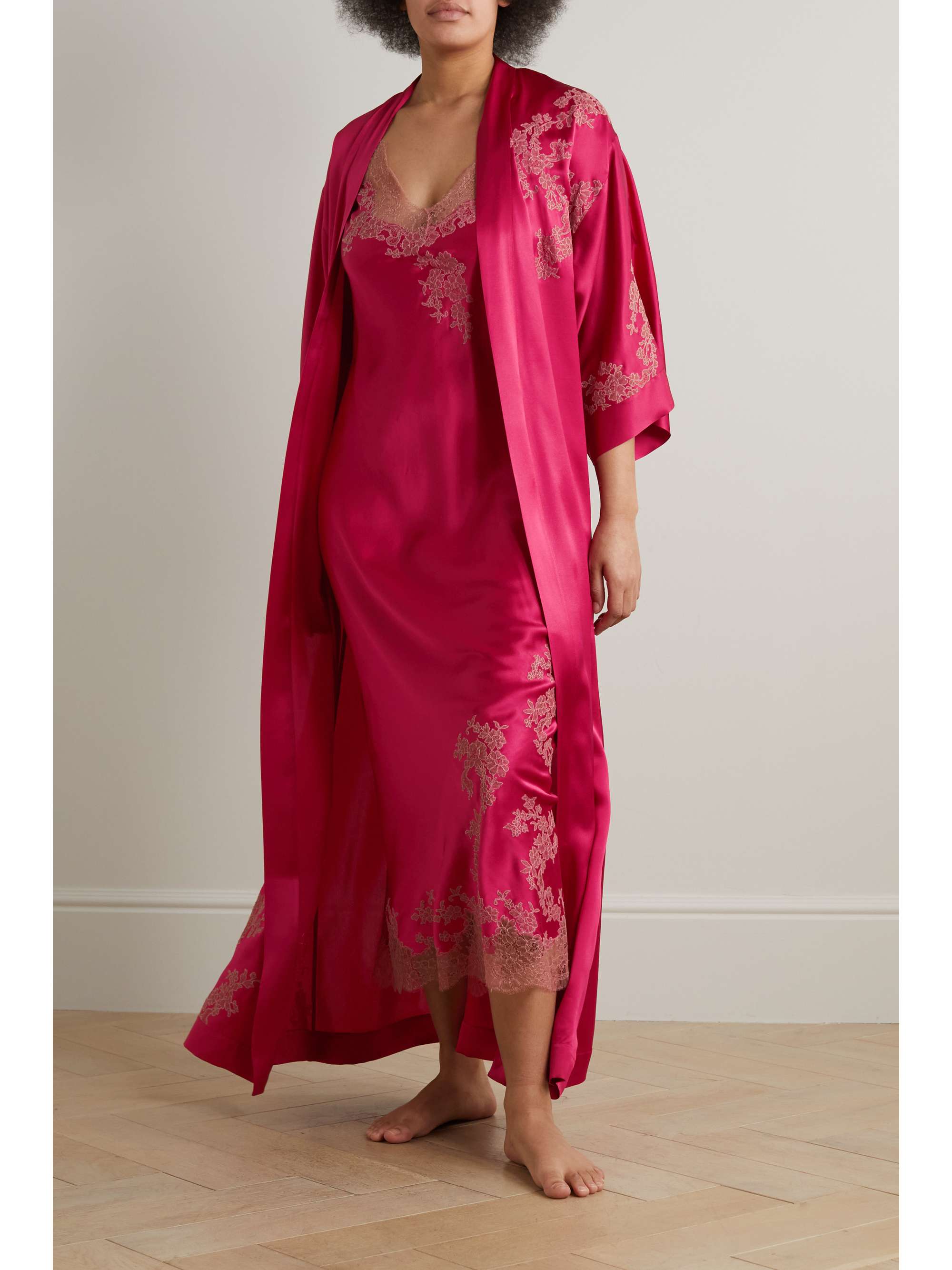 CARINE GILSON Belted lace-trimmed silk-charmeuse robe