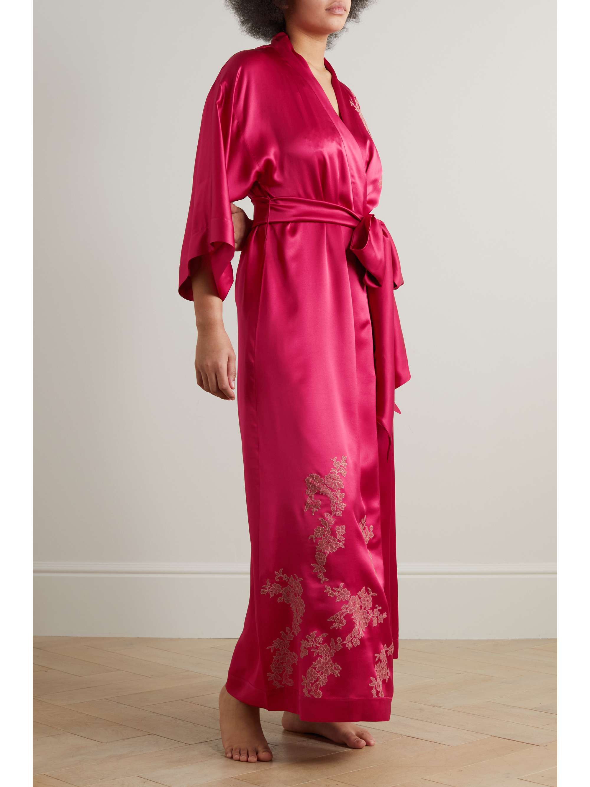 CARINE GILSON Belted lace-trimmed silk-charmeuse robe