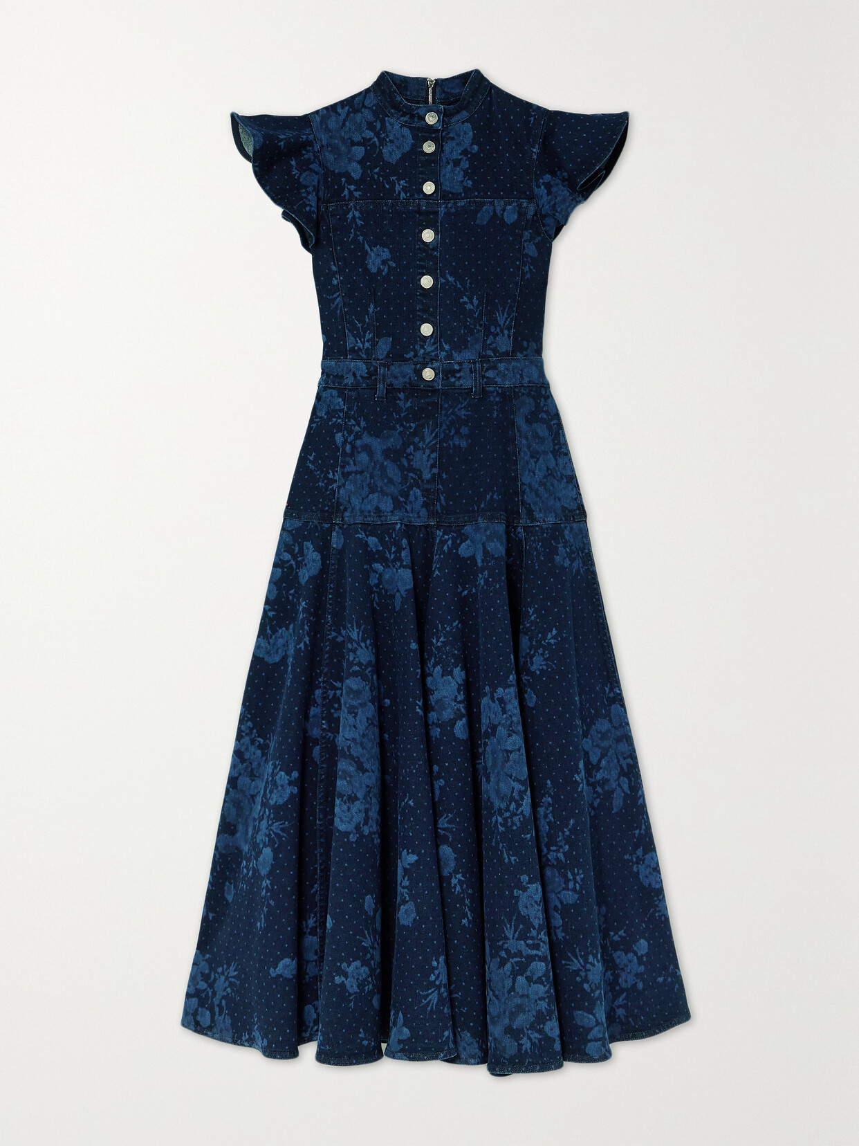 Erdem - Ruffled Printed Denim Midi Dress - Blue