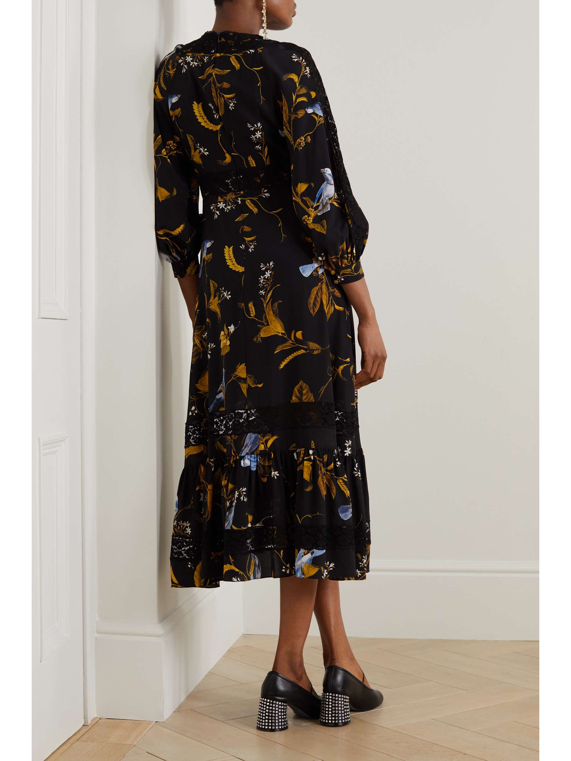 ERDEM Lace-trimmed floral-print silk crepe de chine midi dress