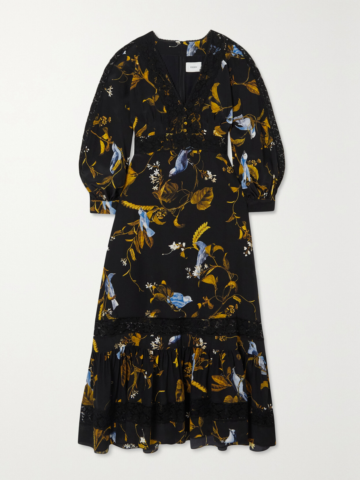 Shop Erdem Lace-trimmed Floral-print Silk Crepe De Chine Midi Dress In Black