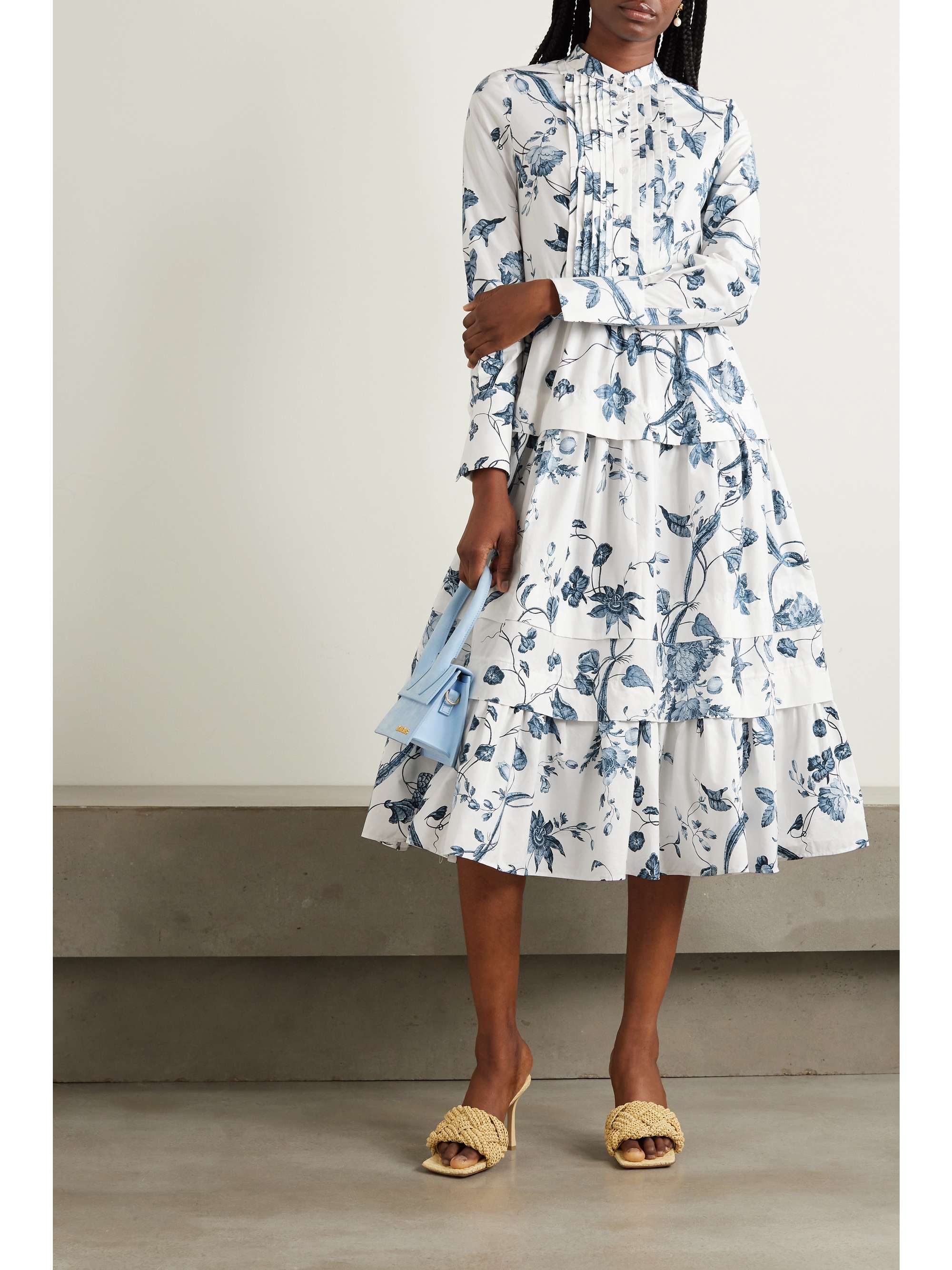 Pintucked tiered floral-print cotton-poplin midi dress