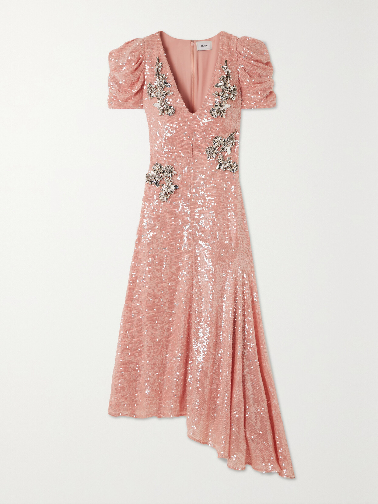 Erdem V-neck Puff-sleeve Asymmetric Drop-hem Sequin Midi Dress In Pink