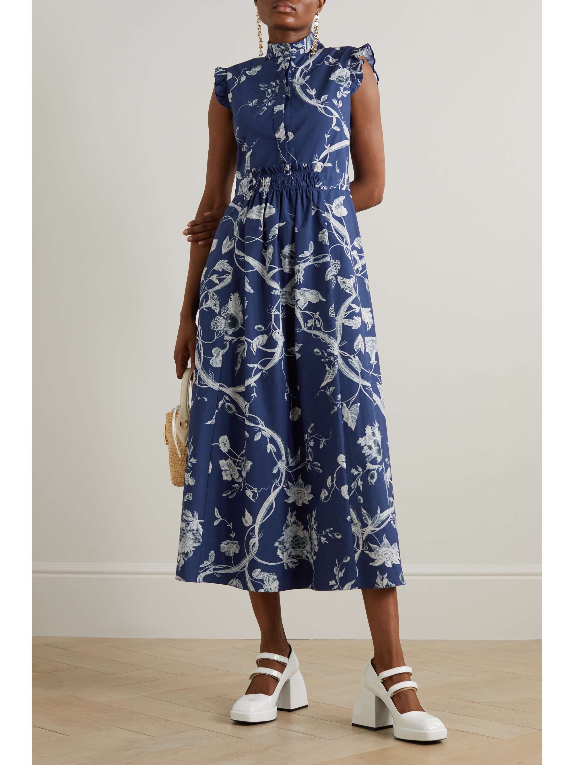 ERDEM Ruffled floral-print cotton-poplin midi dress