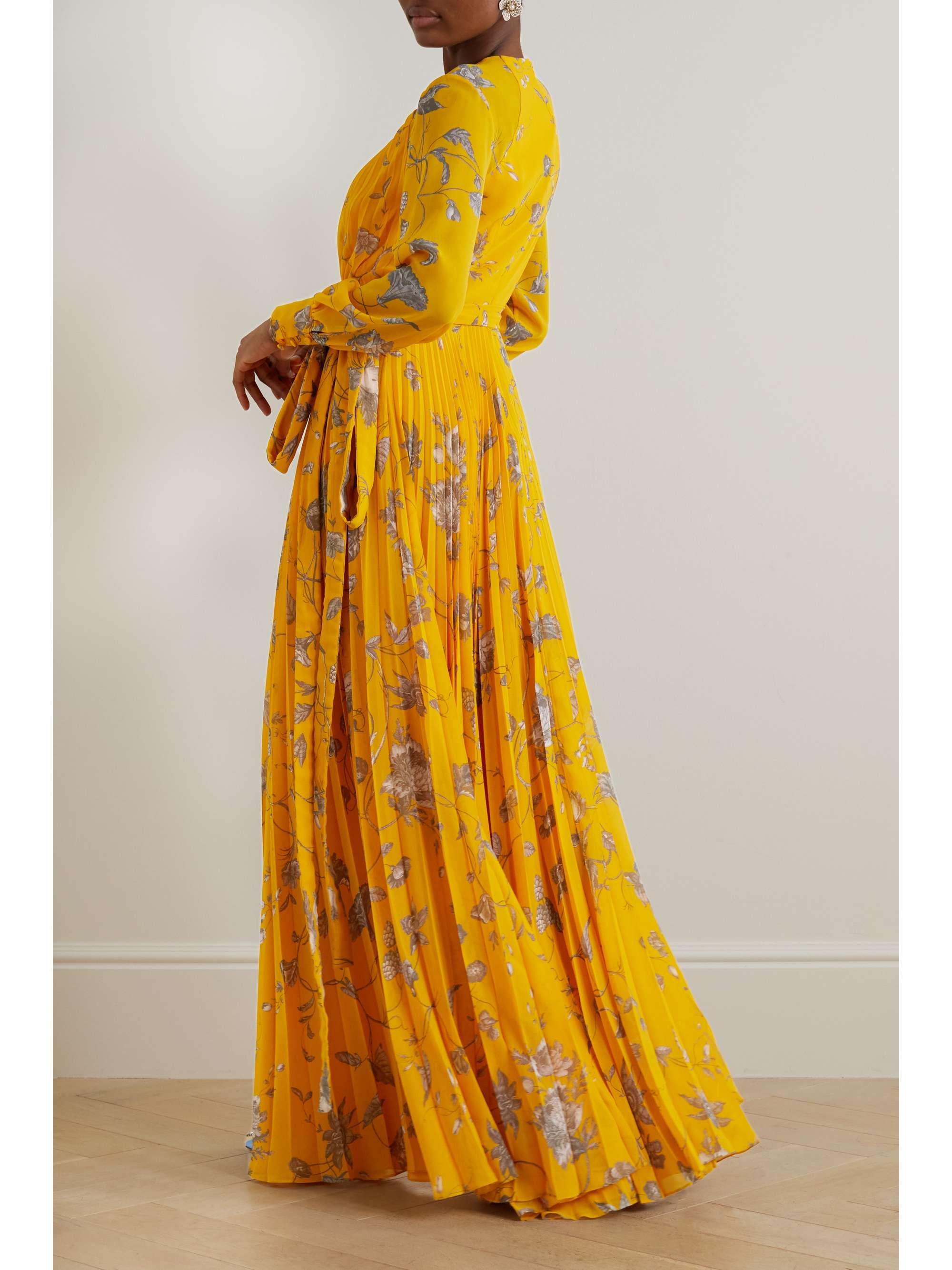 ERDEM Belted pleated floral-print voile gown