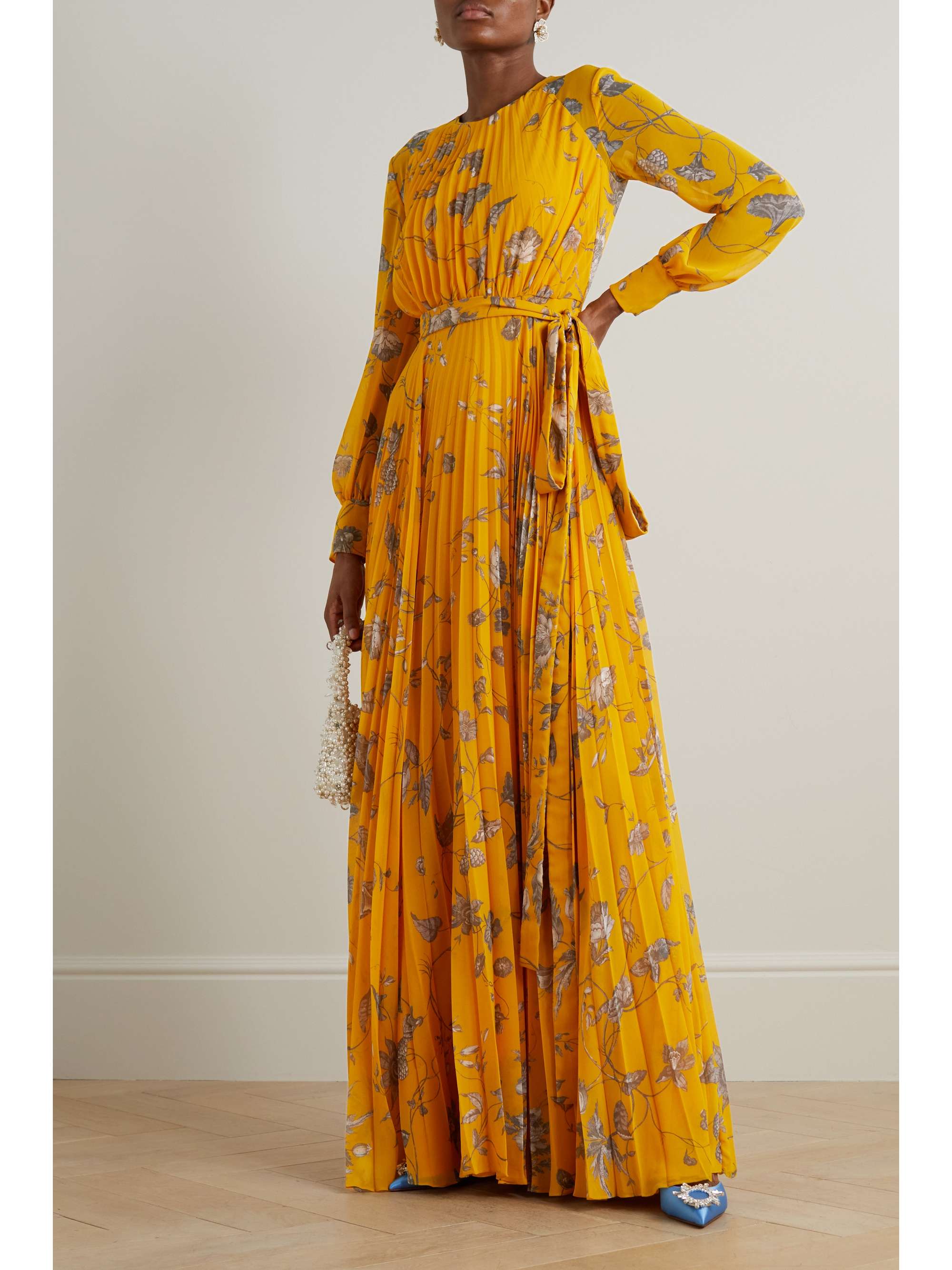 ERDEM Belted pleated floral-print voile gown