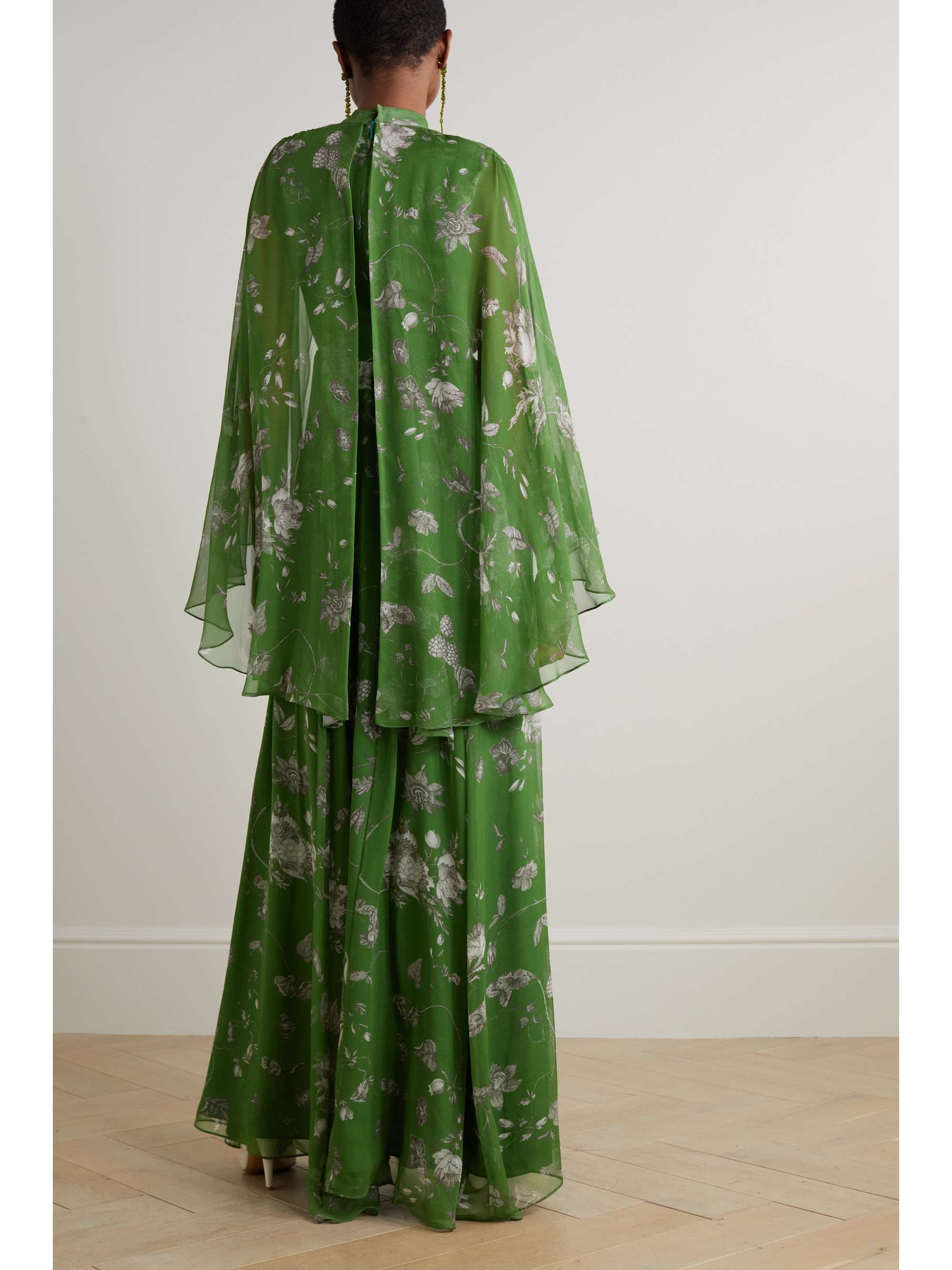 ERDEM 披风效果蝴蝶结花卉印花真丝巴里纱礼服