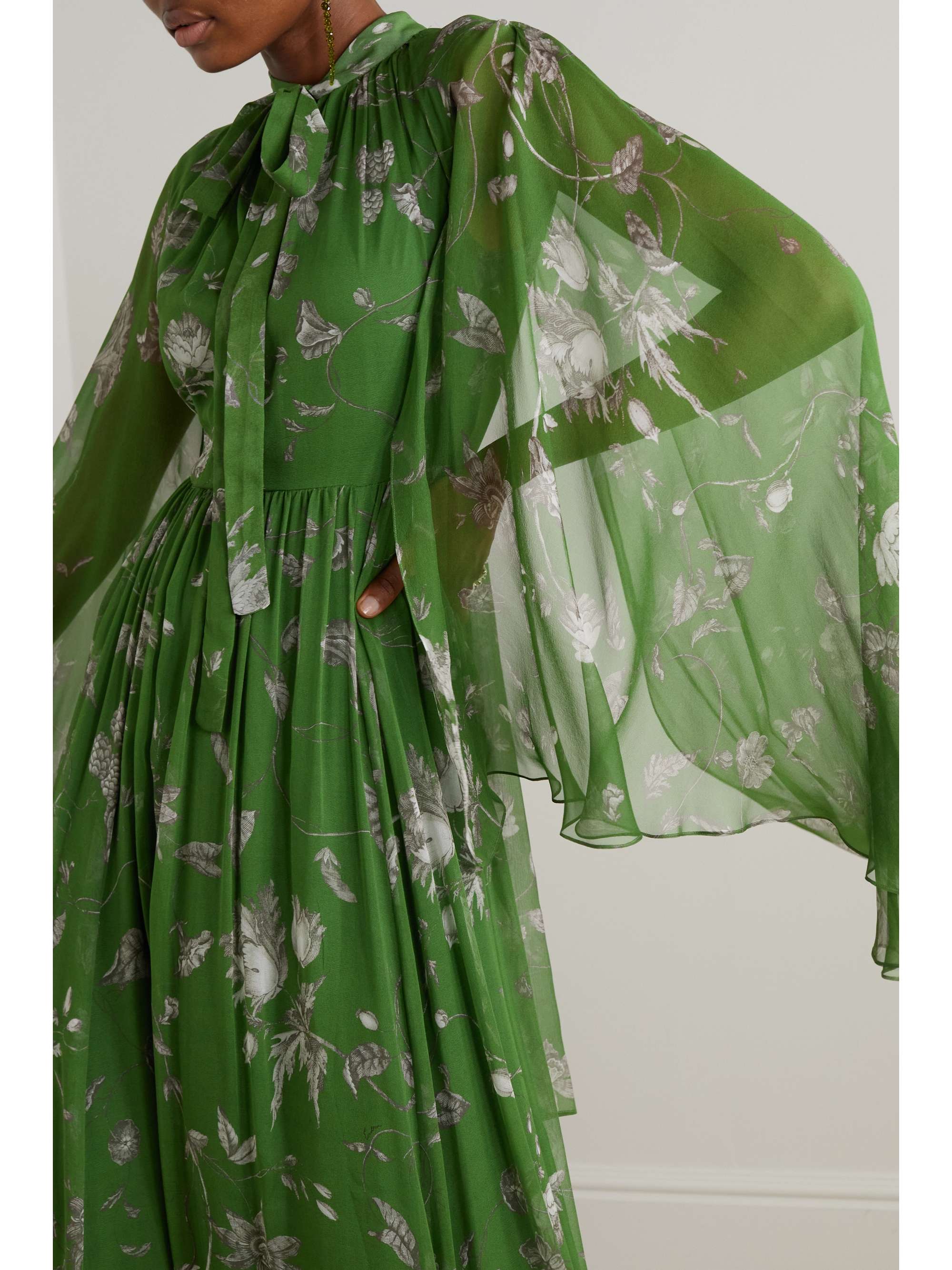 ERDEM 披风效果蝴蝶结花卉印花真丝巴里纱礼服