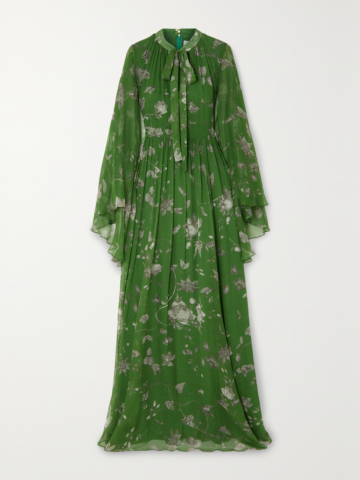 Erdem - Cape-effect Pussy-bow Floral-print Silk-voile Gown - Green