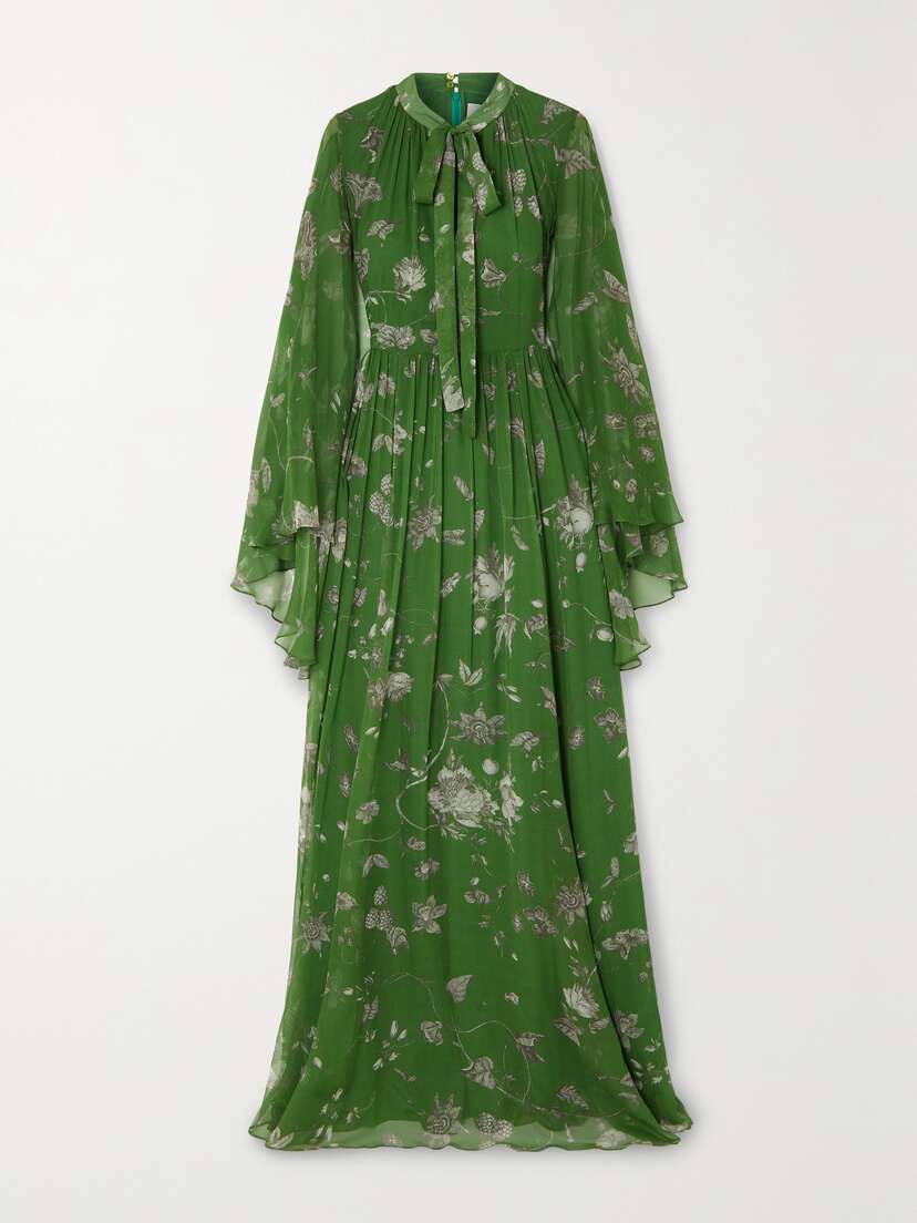 Erdem Cape-effect Pussy-bow Floral-print Silk-voile Gown - UK 18