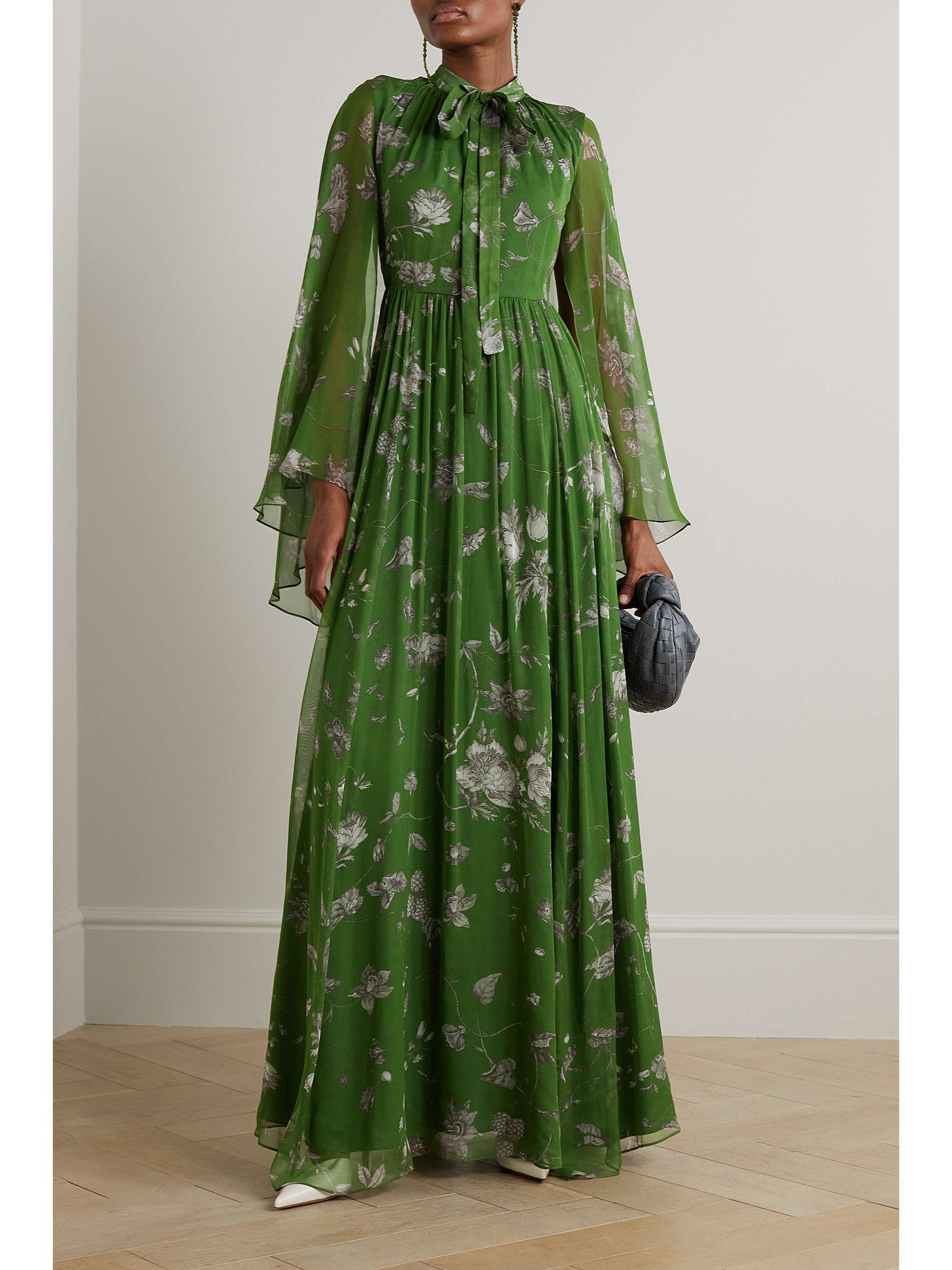 ERDEM 披风效果蝴蝶结花卉印花真丝巴里纱礼服