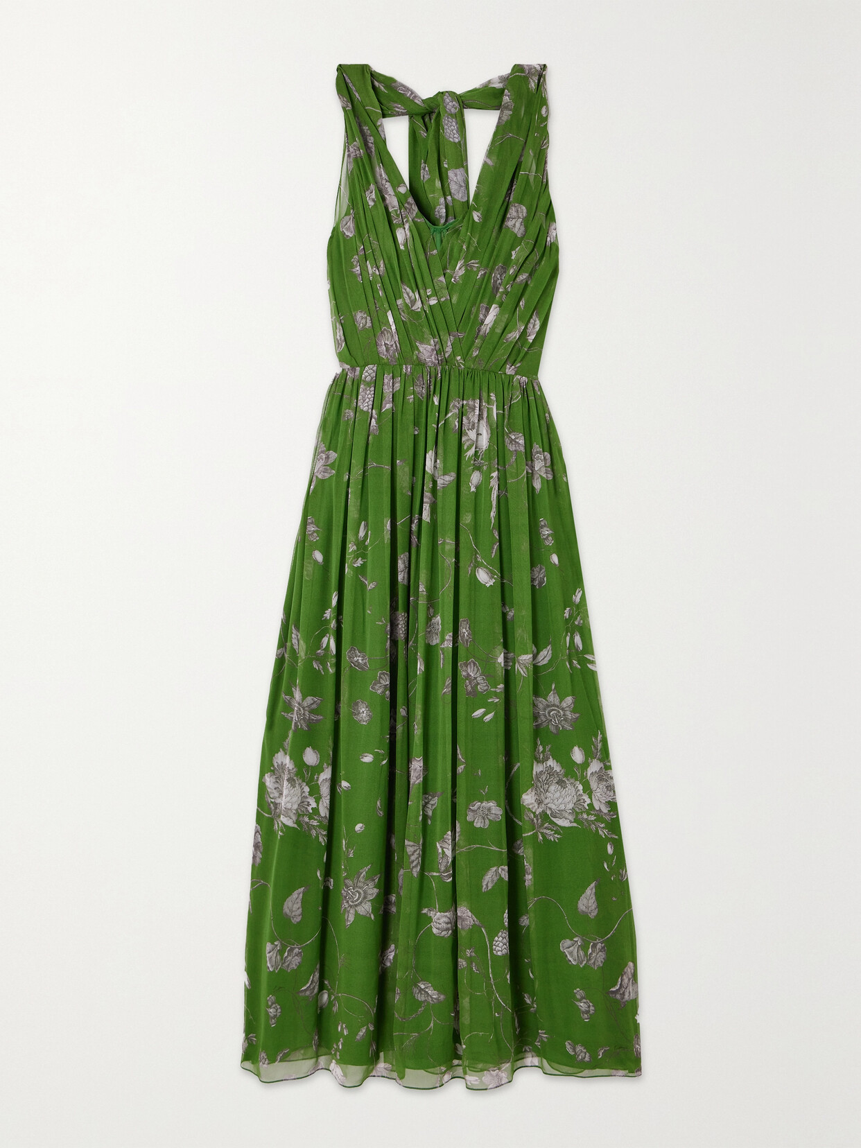 Erdem - Cape-effect Pleated Gathered Floral-print Silk-voile Gown - Green