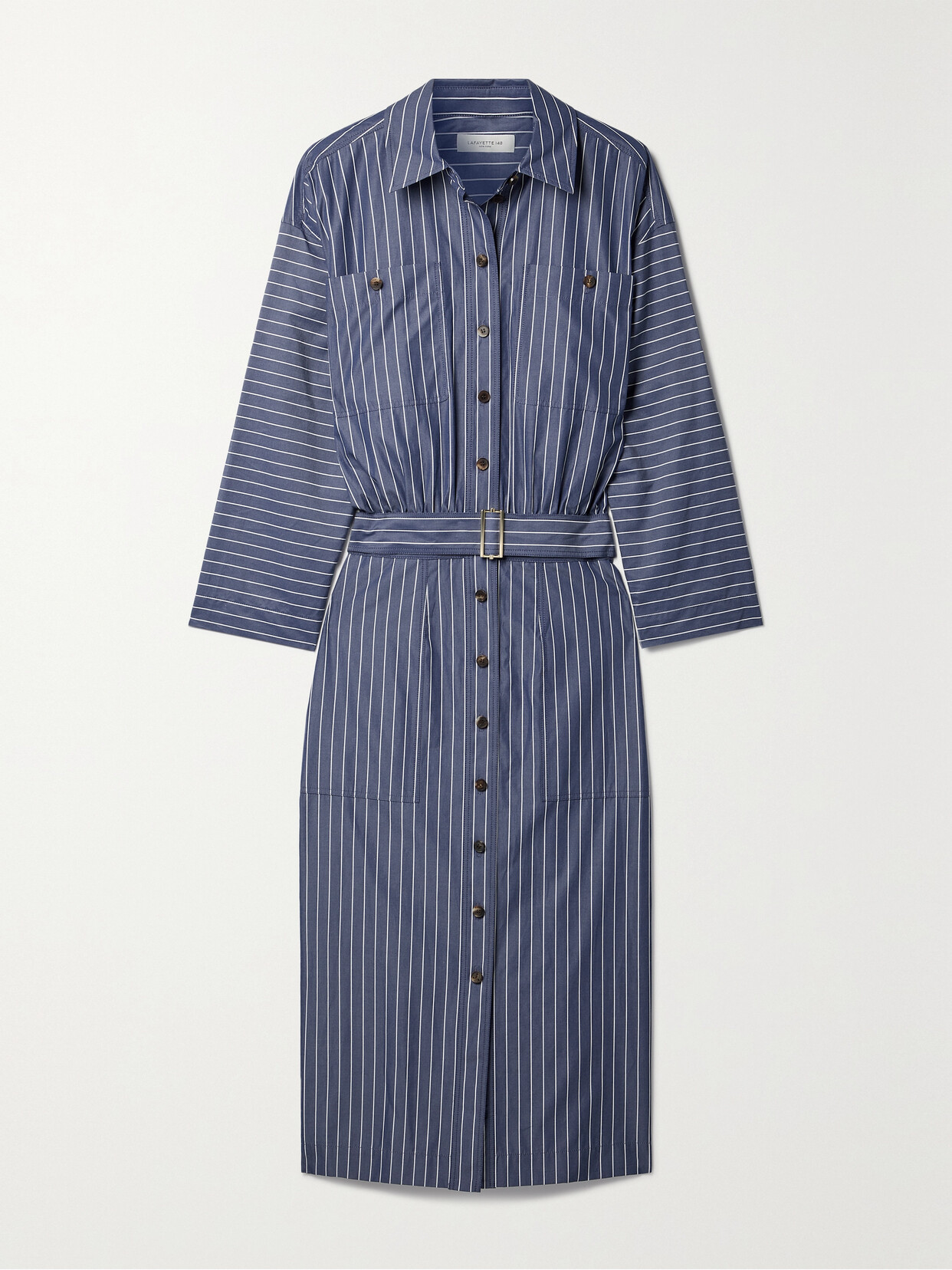 Lafayette148 Belted Striped Cotton-poplin Midi Shirt Dress - Blue
