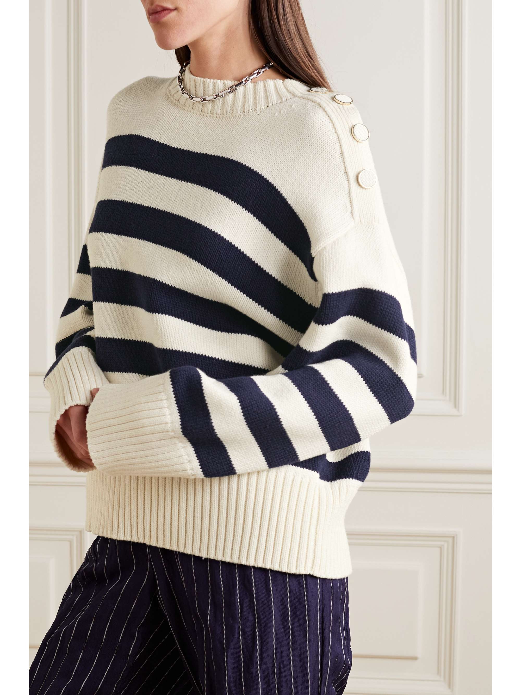 LAFAYETTE 148 条纹羊毛棉质混纺毛衣