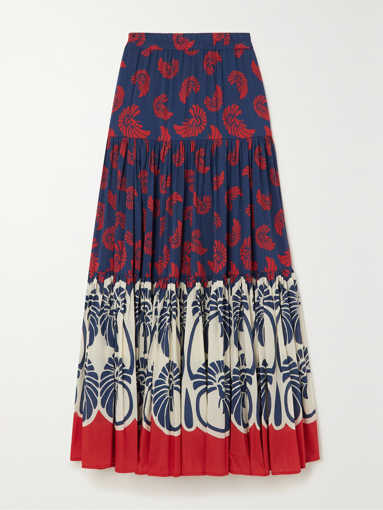 Shop La Doublej Tiered Printed Cotton And Silk-blend Maxi Skirt In Blue