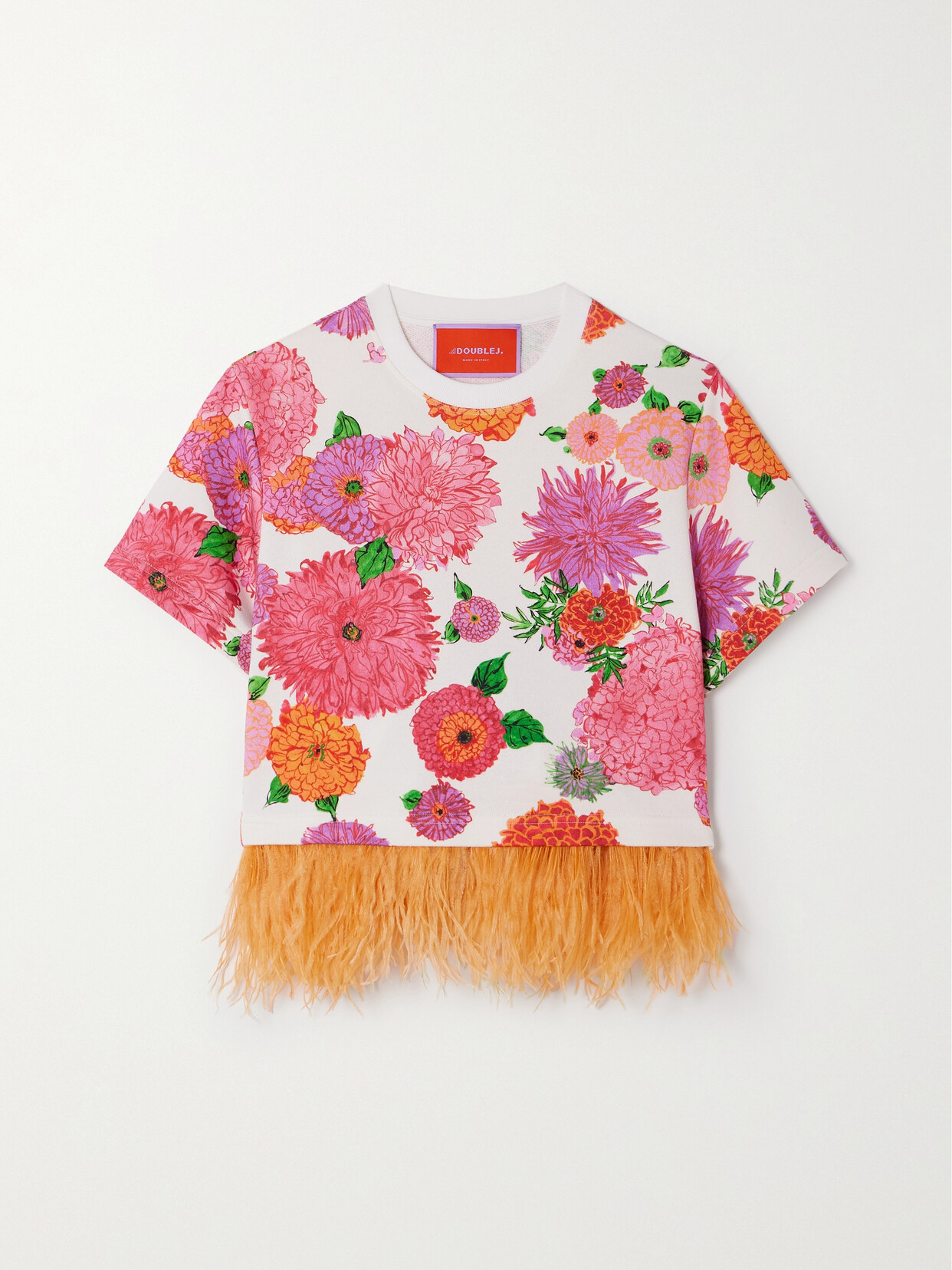 LA DOUBLEJ SCALA FEATHER-TRIMMED FLORAL-PRINT COTTON-JERSEY T-SHIRT