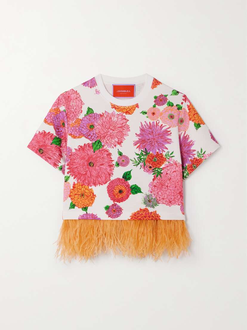 La DoubleJ Scala Feather-trimmed Floral-print Cotton-jersey T-shirt
