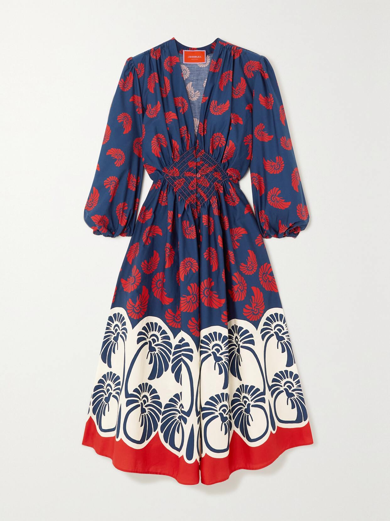 La DoubleJ Camerino Smocked Printed Cotton Midi Dress - Blue