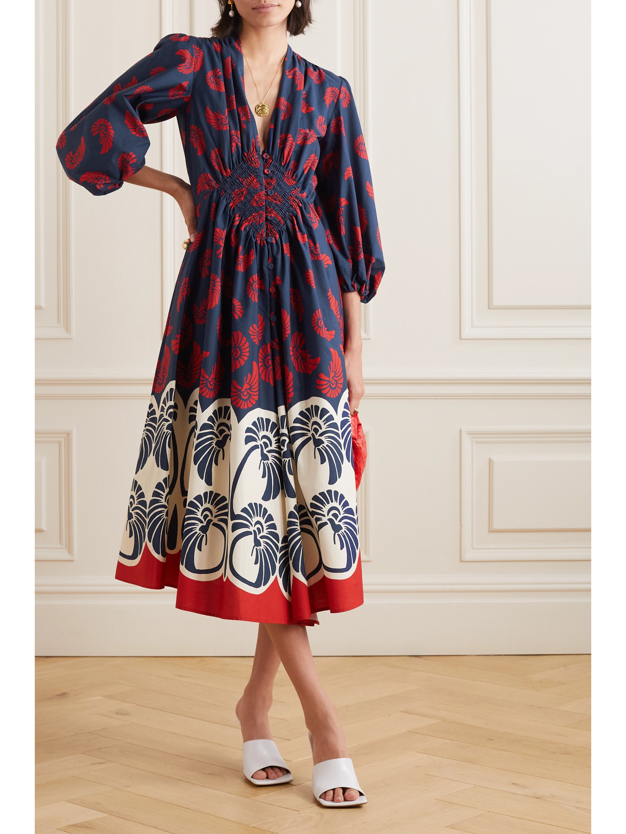 Shop La Doublej Camerino Smocked Printed Cotton Midi Dress In Blue