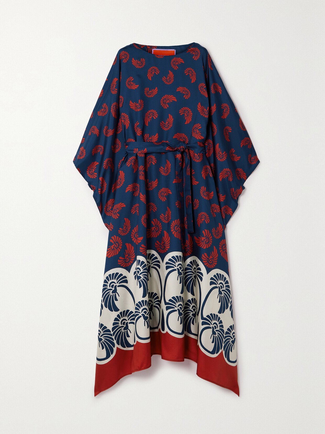 La Doublej Belted Printed Silk-twill Kaftan In Blue