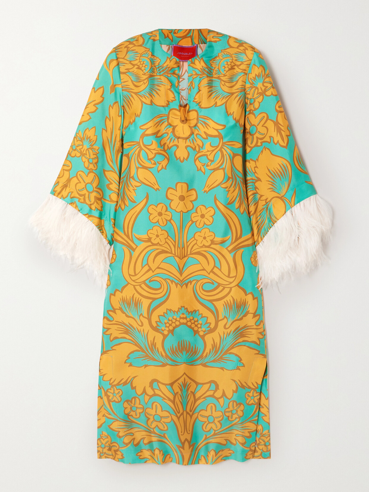 La DoubleJ Feather-trimmed Printed Silk-twill Midi Dress - Blue