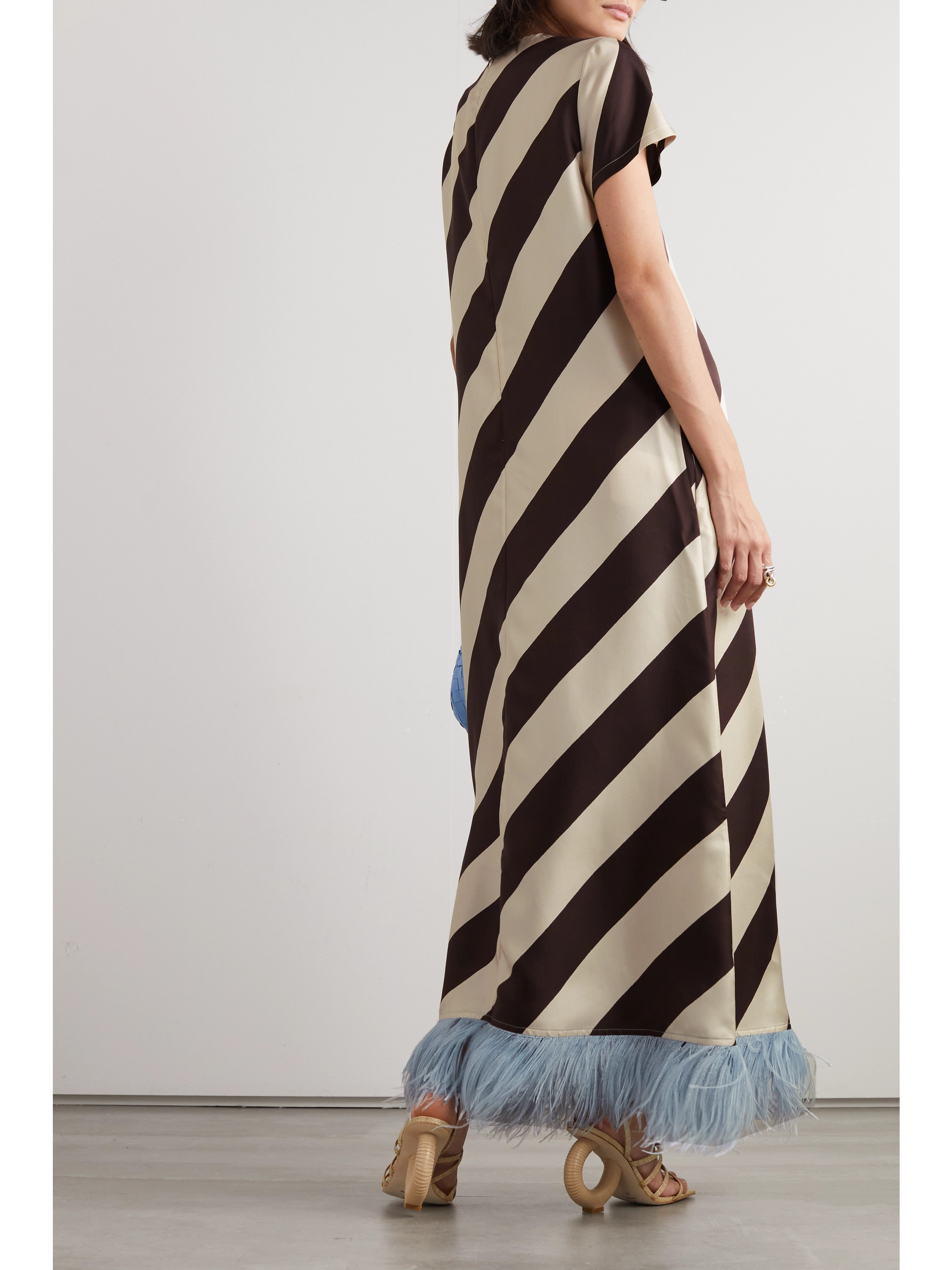La DoubleJ Swing striped feather-trimmed silk-twill maxi dress
