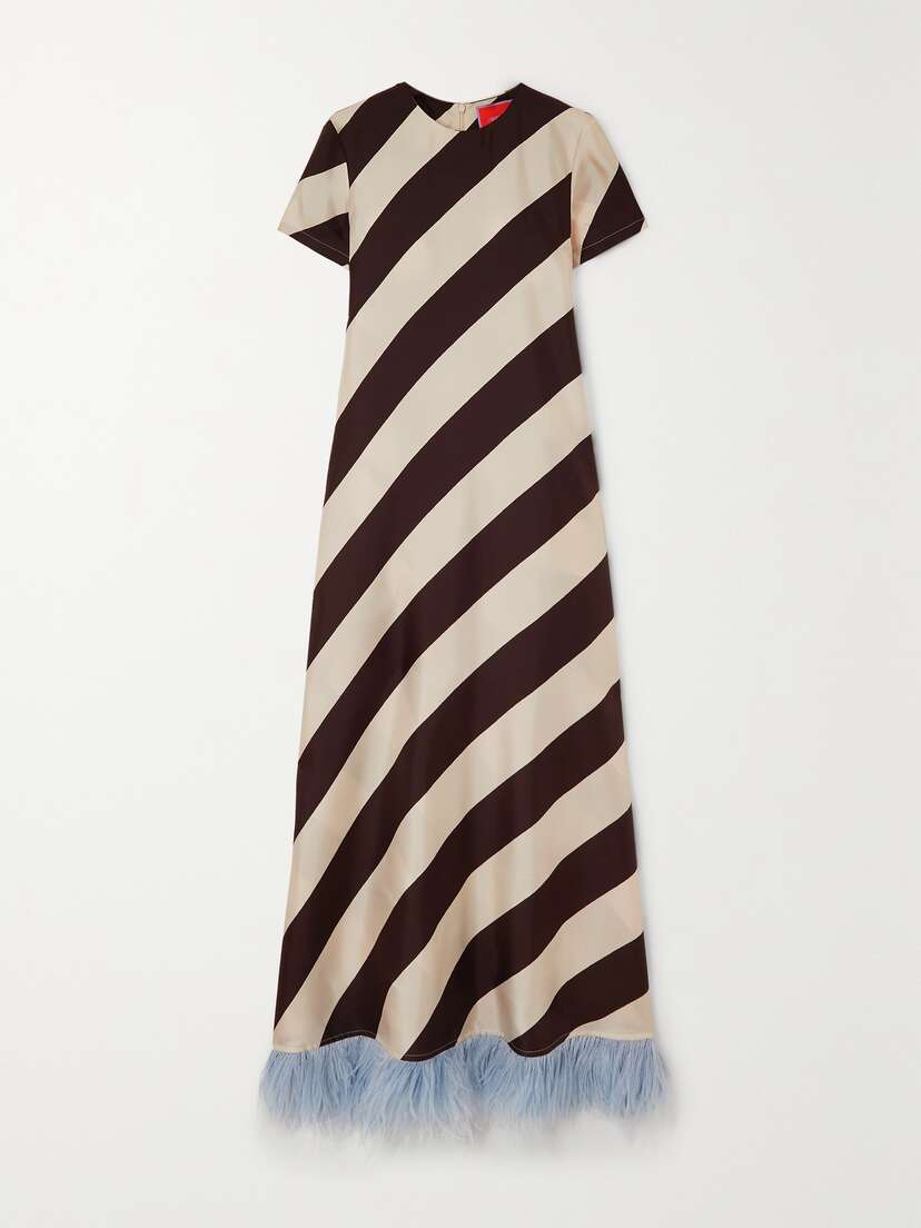 La DoubleJ Swing Striped Feather-trimmed Silk-twill Maxi Dress - xx large