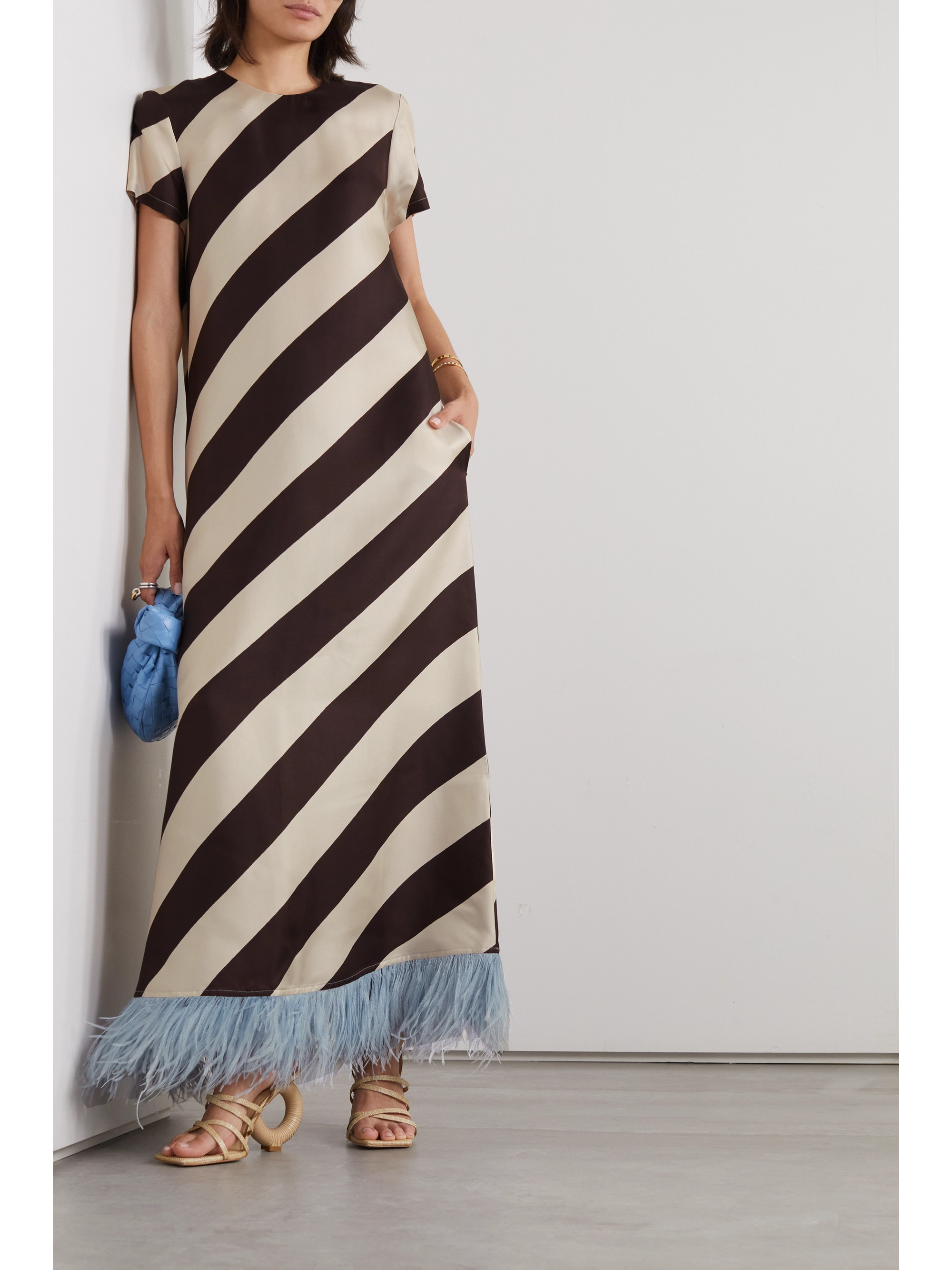 La DoubleJ Swing striped feather-trimmed silk-twill maxi dress