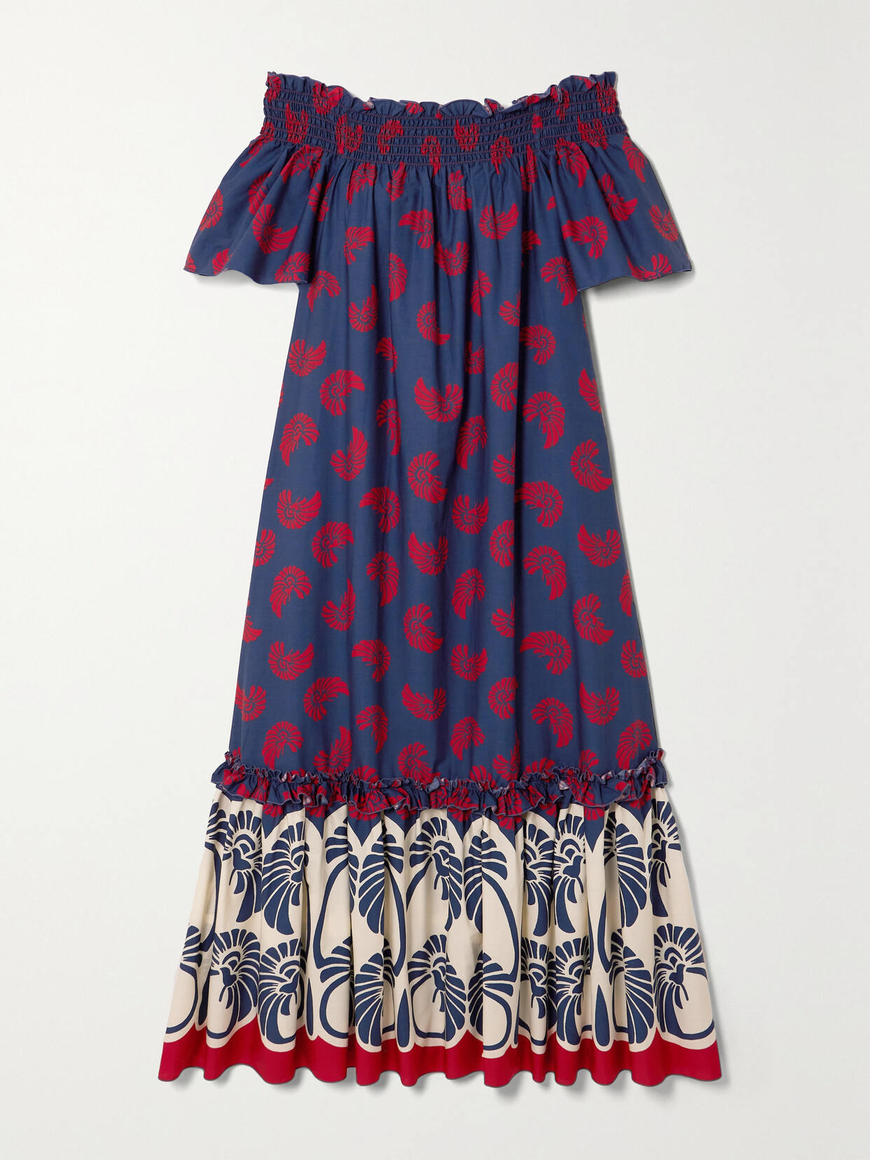 La DoubleJ Capalbio Off-the-shoulder Ruffled Printed Cotton Maxi Dress - Blue