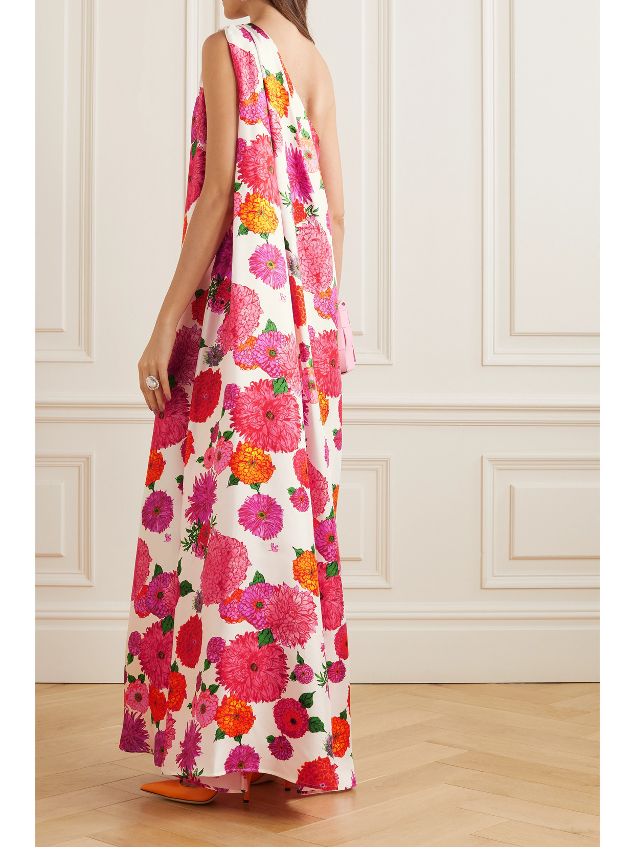LA DOUBLEJ ROY ONE-SHOULDER FLORAL-PRINT SILK-TWILL MAXI DRESS