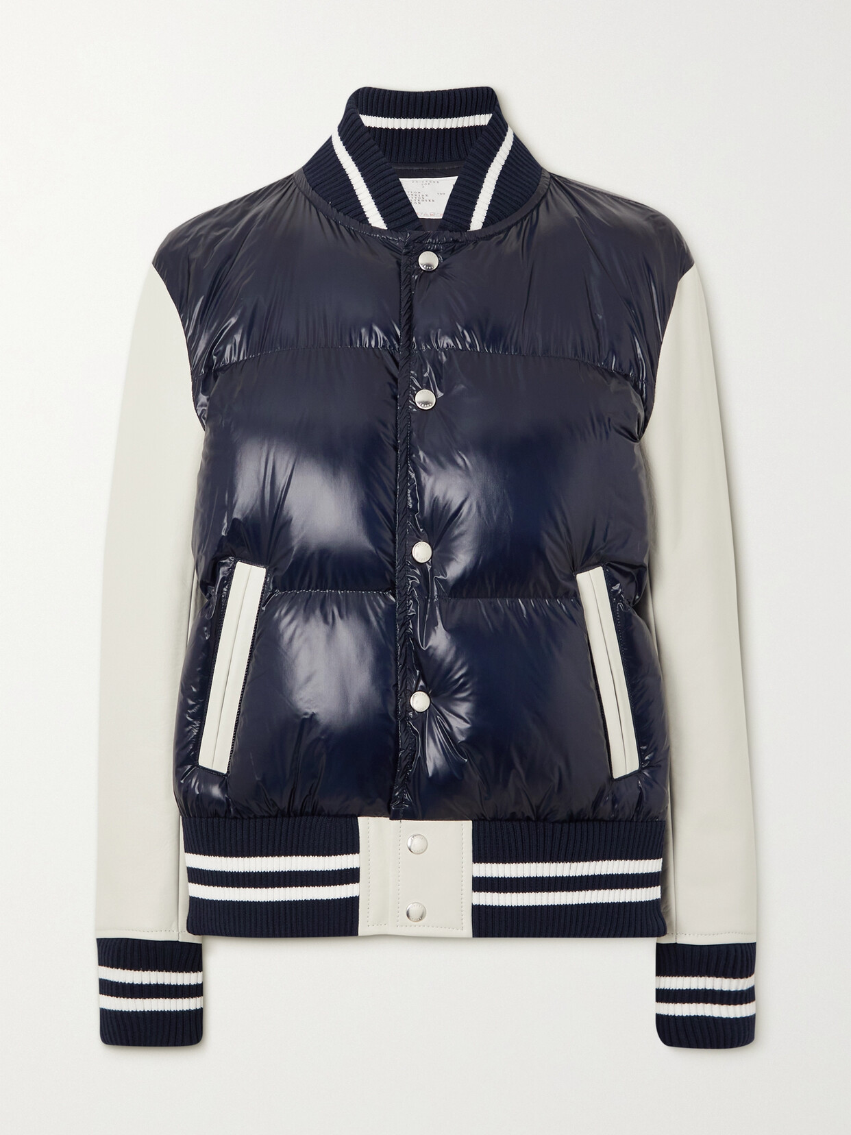 SACAI JERSEY-TRIMMED LEATHER AND QUILTED GLOSSED-SHELL JACKET