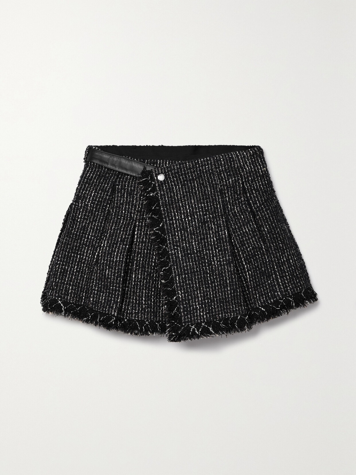 Shop Sacai Layered Leather-trimmed Frayed Pleated Metallic Wool-blend Tweed Shorts In Black